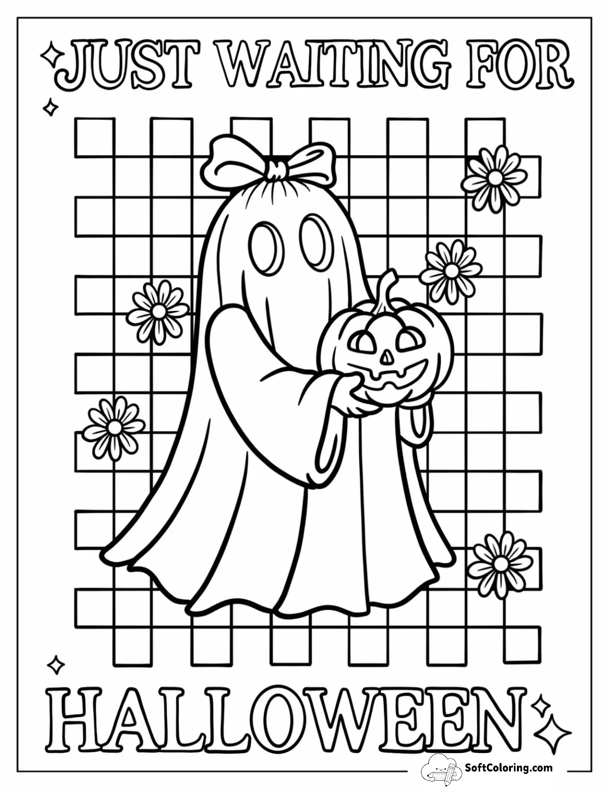 Cute Ghost Holding A Jack O’ Lantern With Flowers And Checkered Halloween