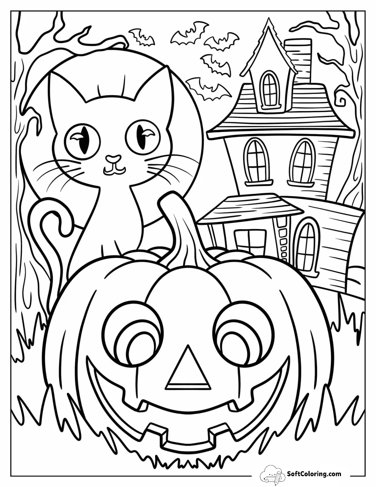 Cute Halloween Cat With Jack-O-Lantern And Haunted House