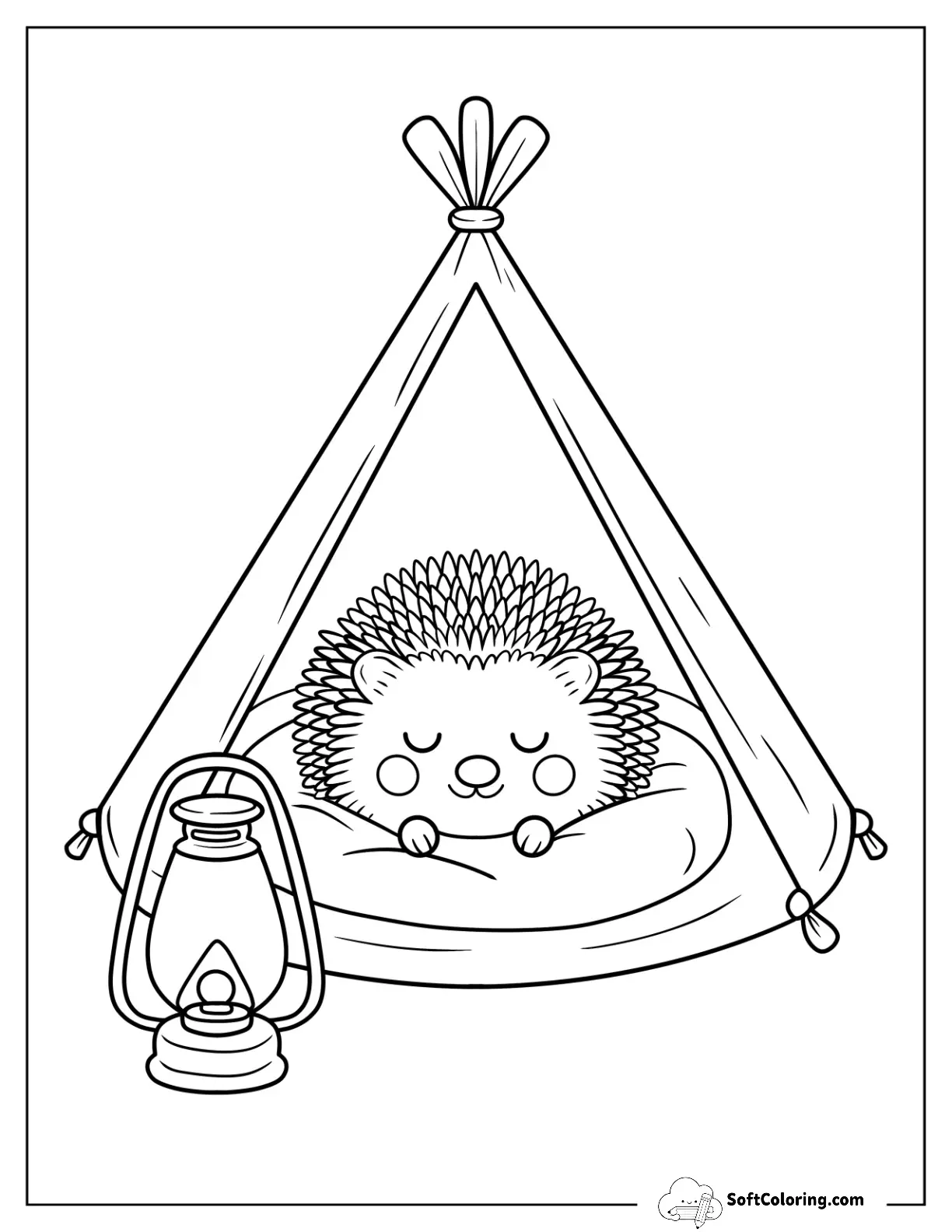 Cute Hedgehog Curled Up Tent With Lantern Outside