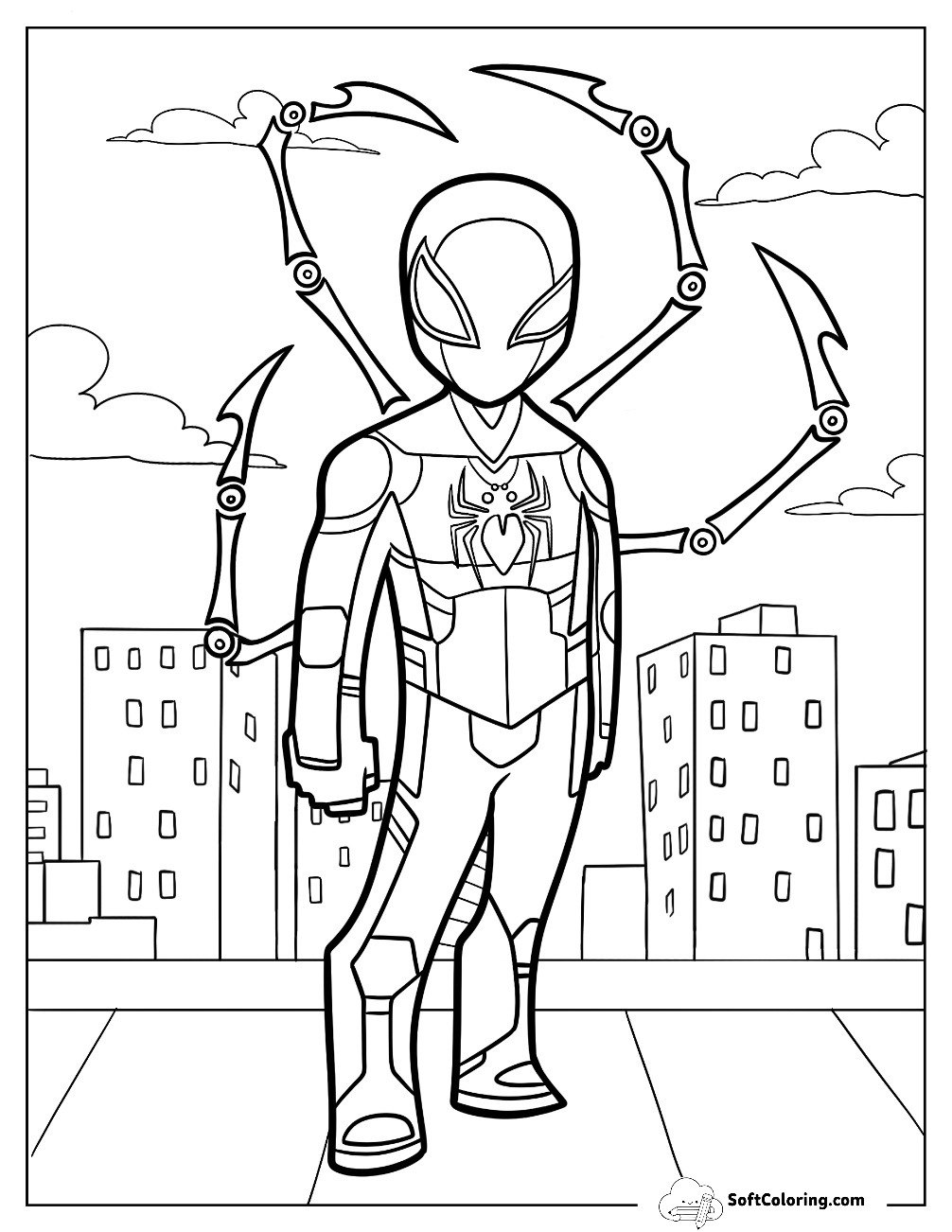 Cute Iron Spider-Man Coloring Page On Rooftop