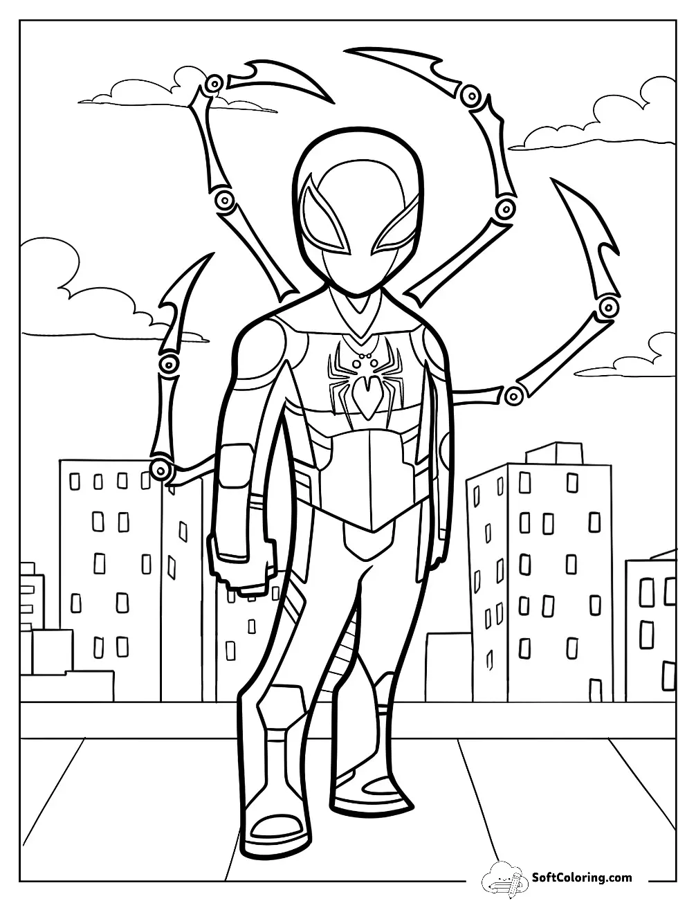 Cute Iron Spider-Man Coloring Page On Rooftop