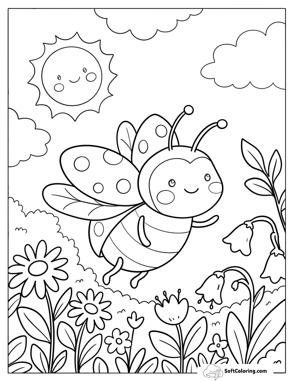Cute Ladybug Flying Through A Flower Garden