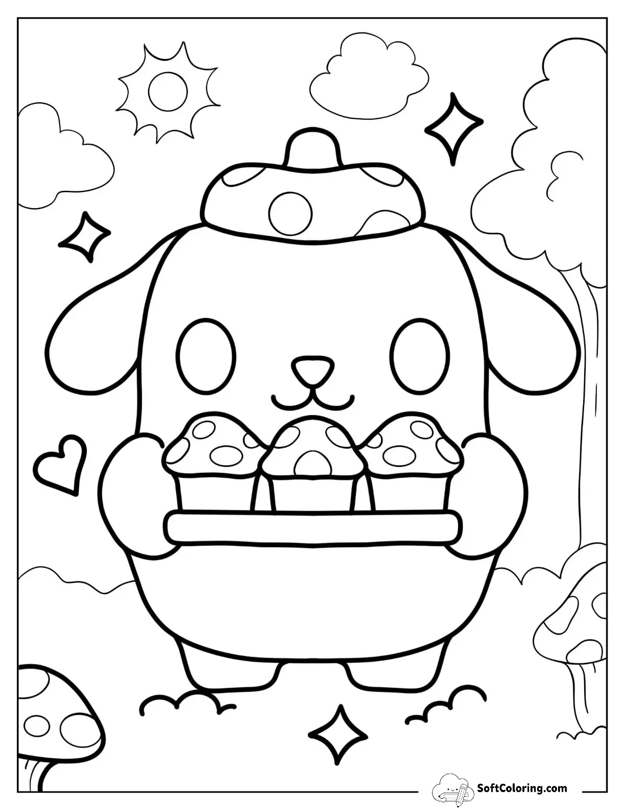 Sanrio Coloring Pages Of Cute Pompompurin Carrying Mushroom Cupcakes