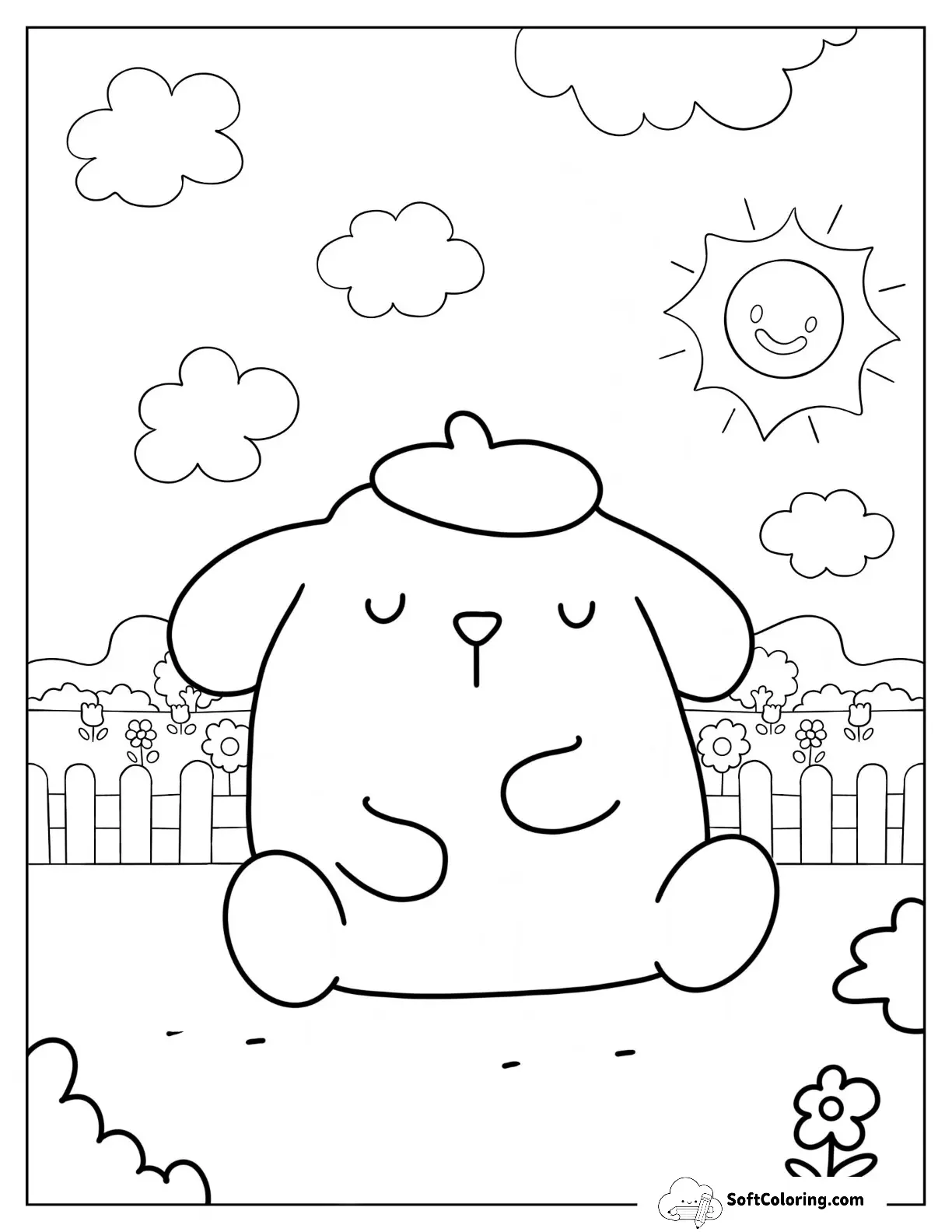 Cute Pompompurin Sleeping In Garden Coloring Sheet