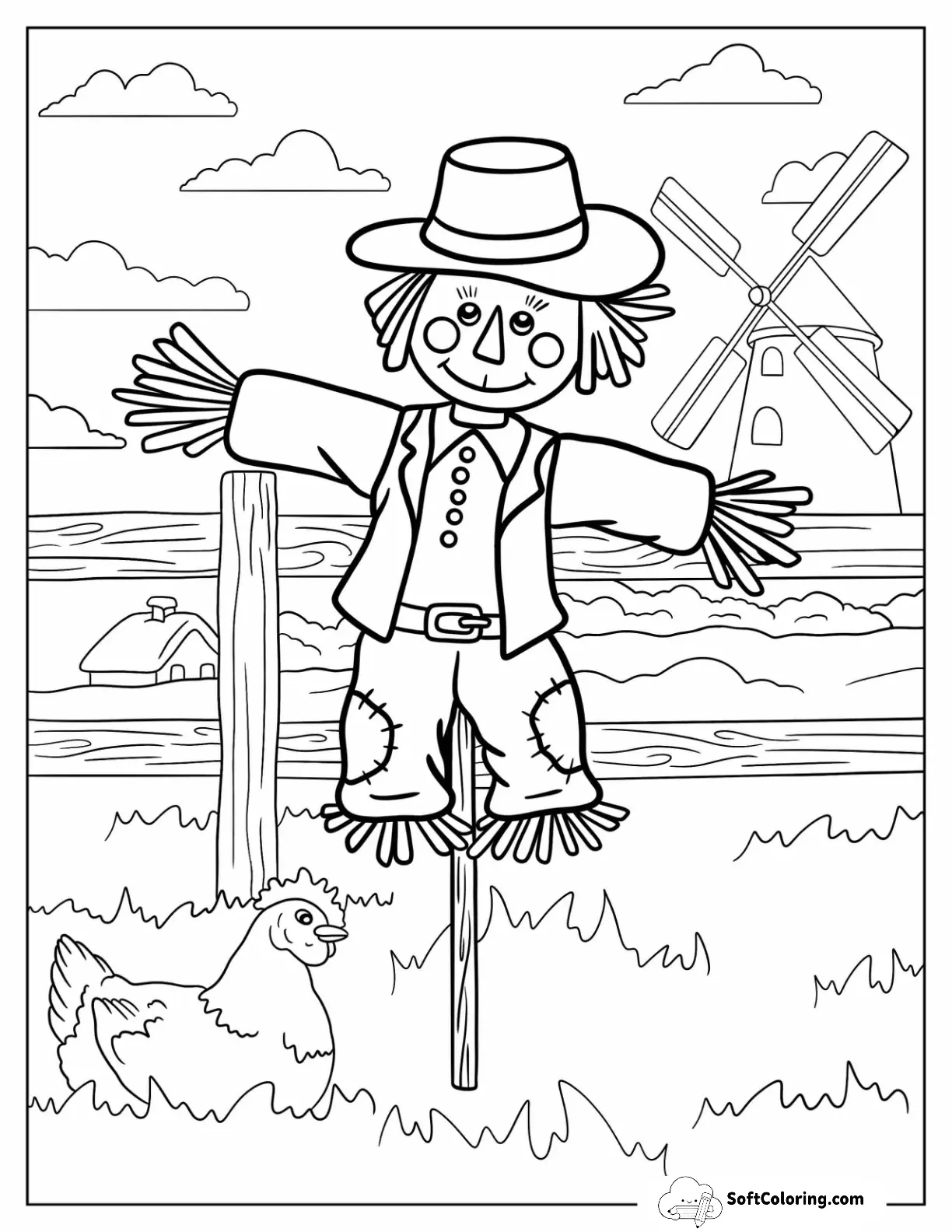 Cute Scarecrow With A Windmill At The Back