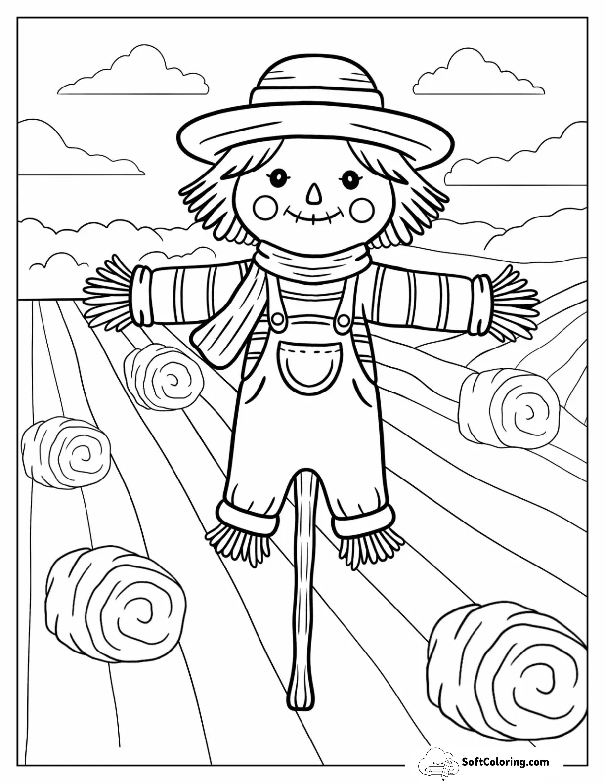 Cute Scarecrow Coloring Page With Hat And Overalls For Kids