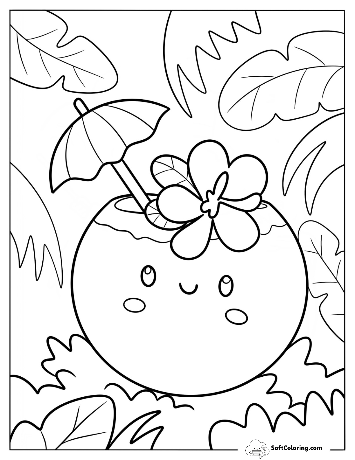 Cute Smiling Coconut Drink With Flower And Mini Umbrella For Kids