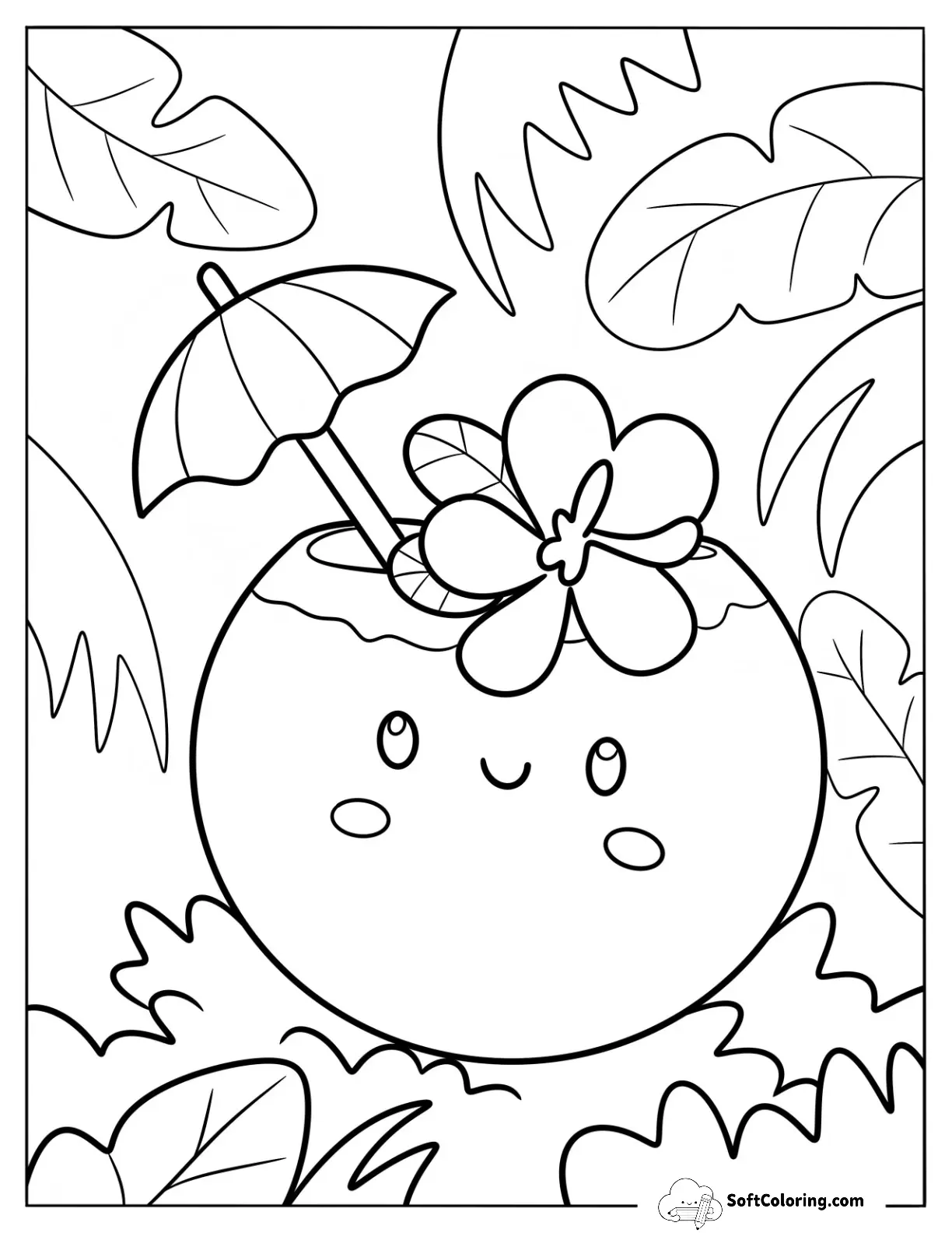 Cute Smiling Coconut Drink With Flower And Mini Umbrella For Kids