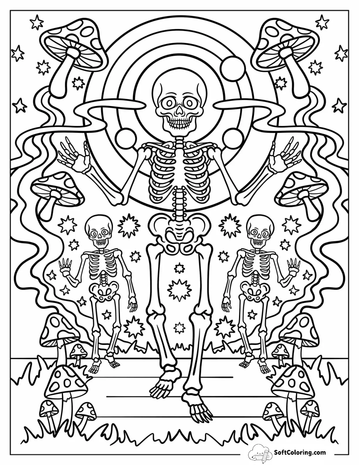 Dancing Skeletons Under Stars With Mushrooms And Cosmic Halloween