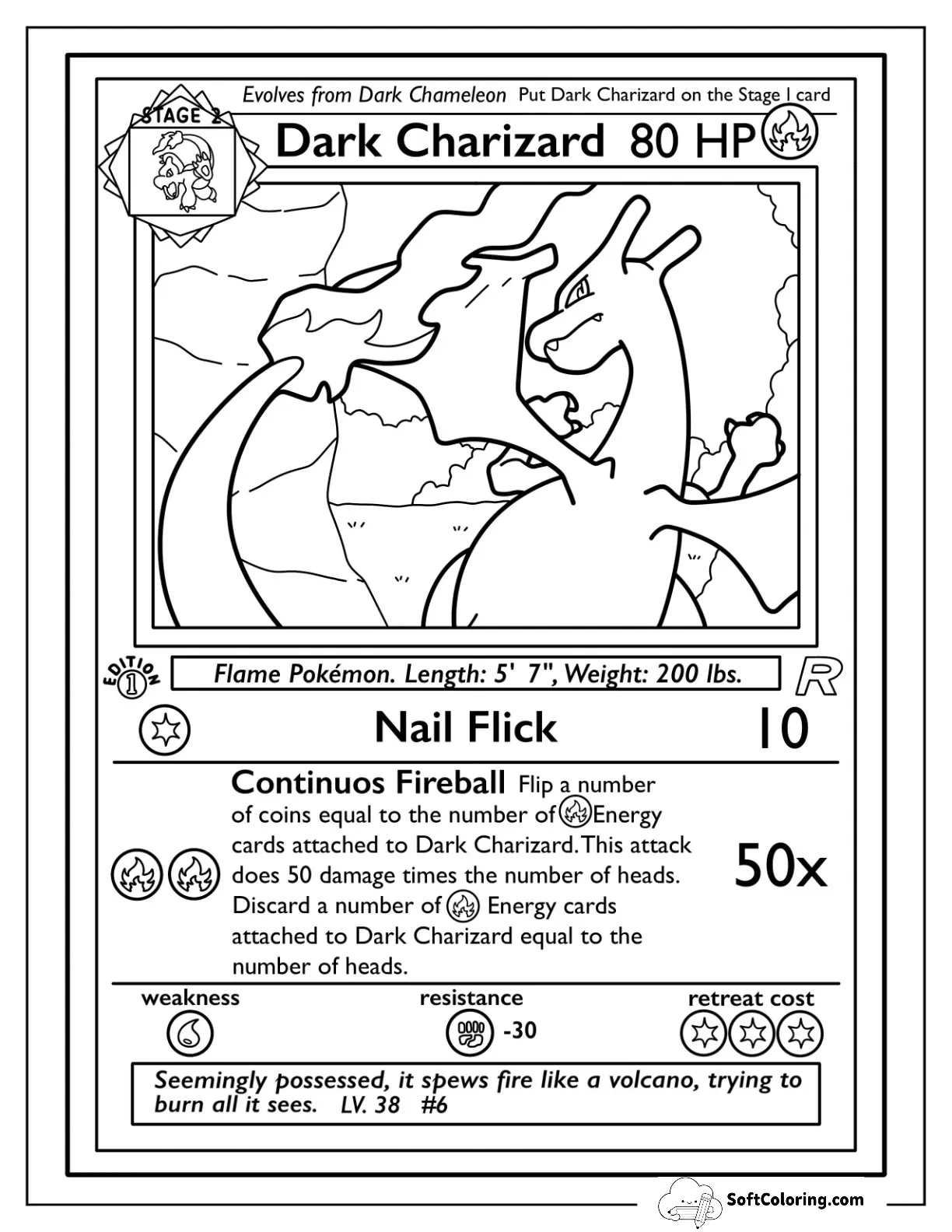 Dark Charizard Nail Flick Pokemon Card Coloring Page