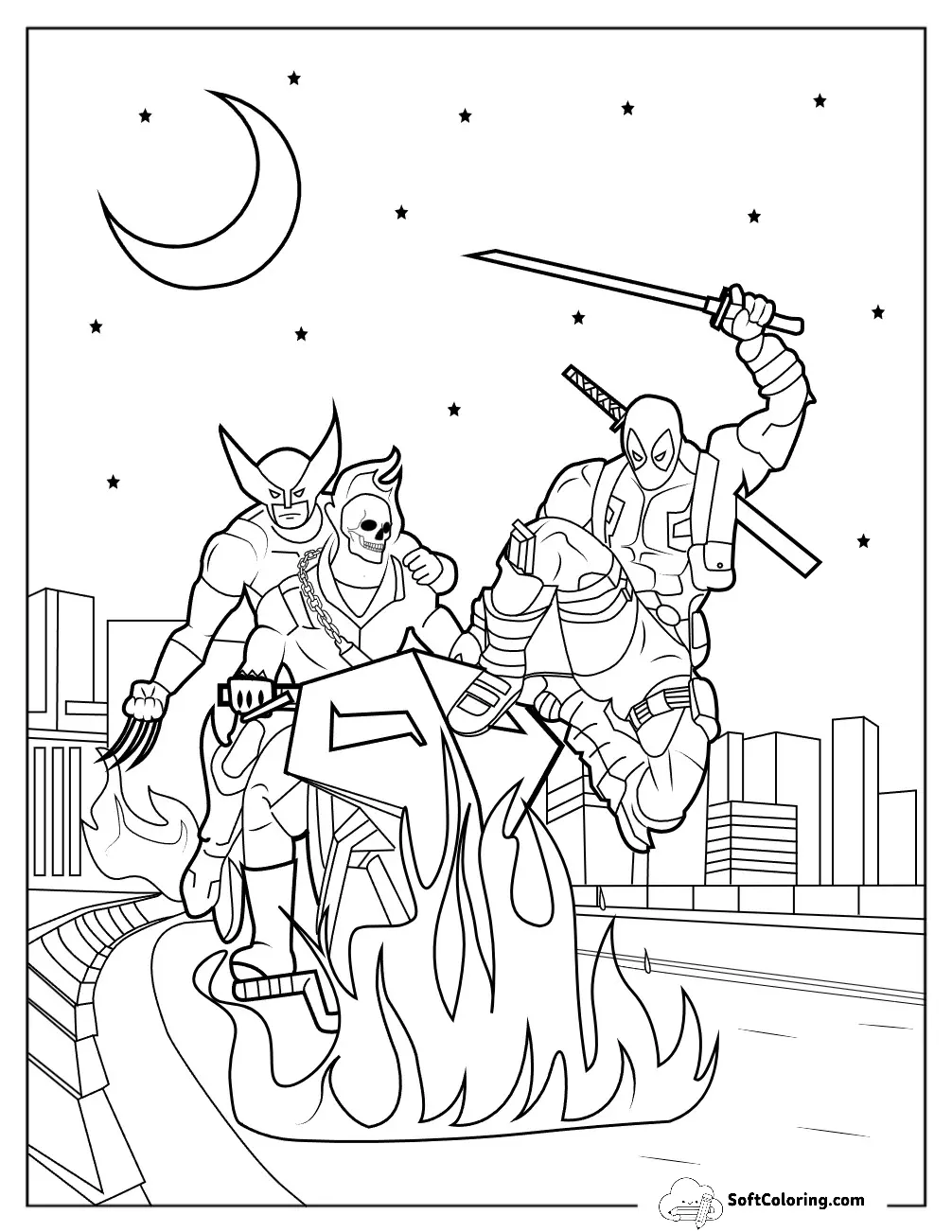 Deadpool, Wolverine, And Ghost Rider Coloring Page
