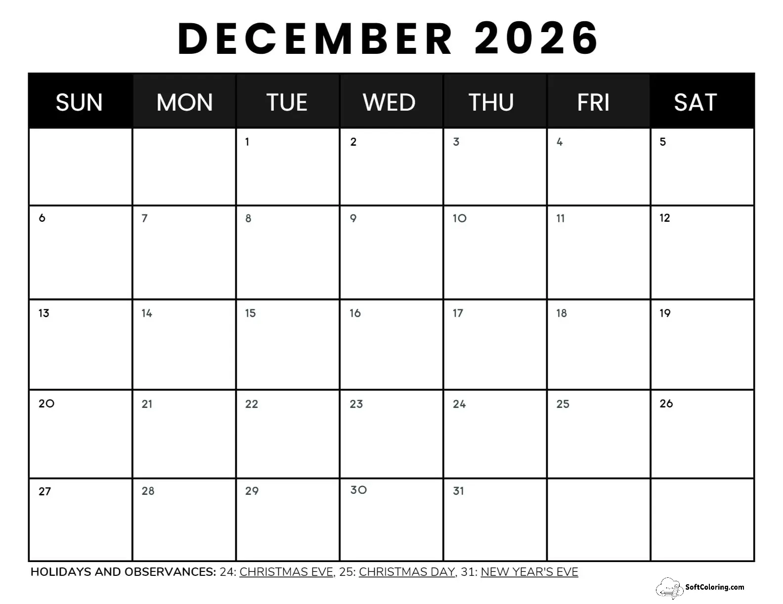 December 2026 Calendars
