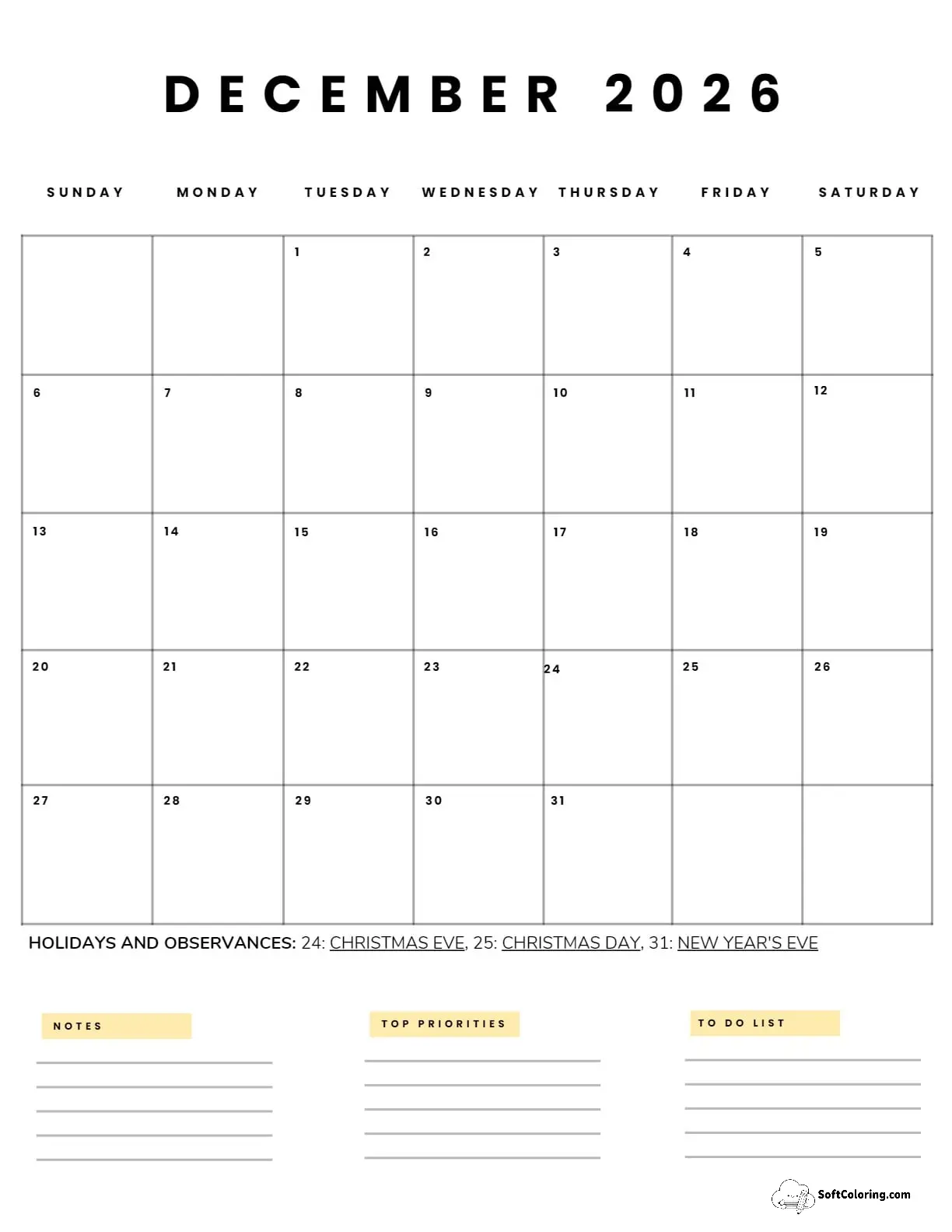 December 2026 Calendar Printable Business 5 Portrait