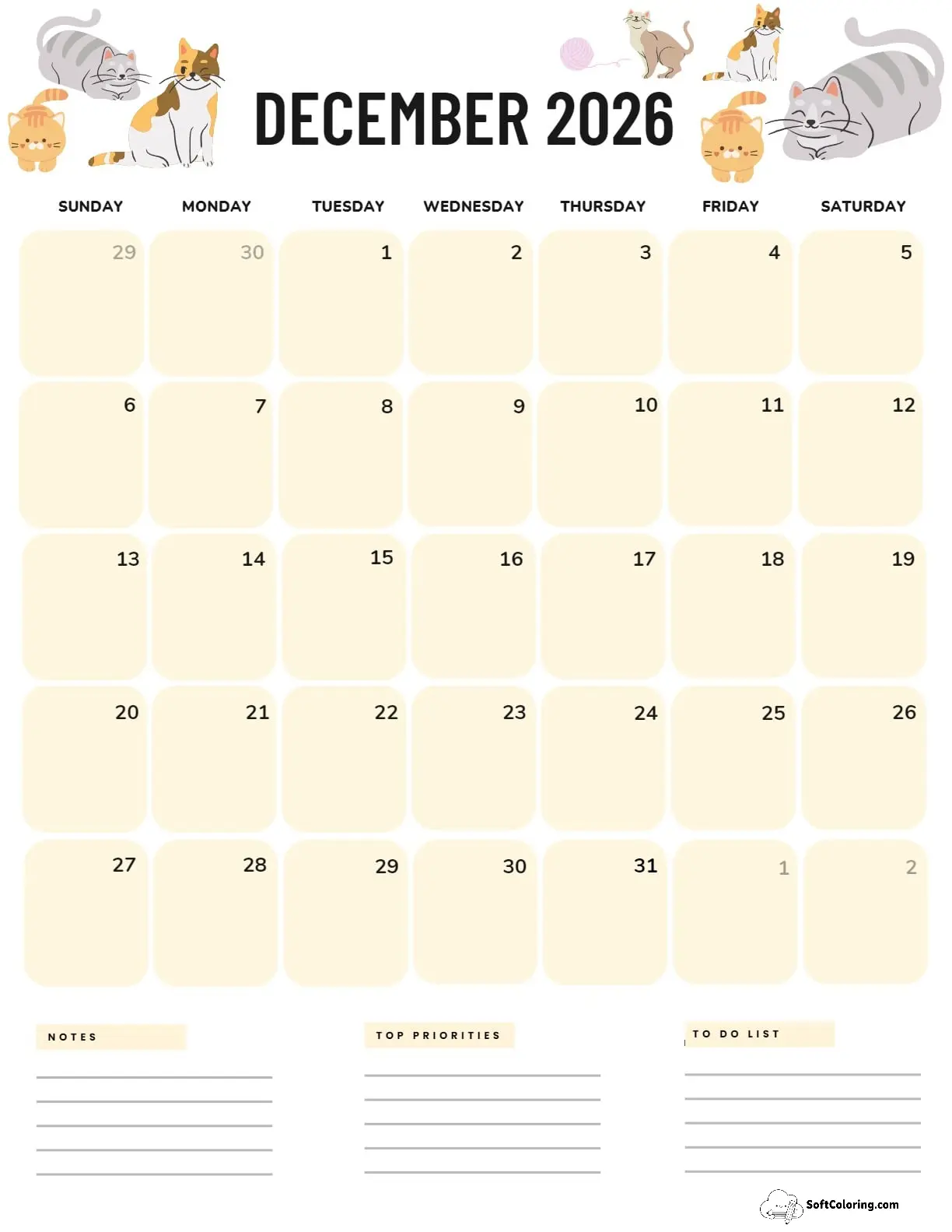 December 2026 Calendar Printable Cats Portrait