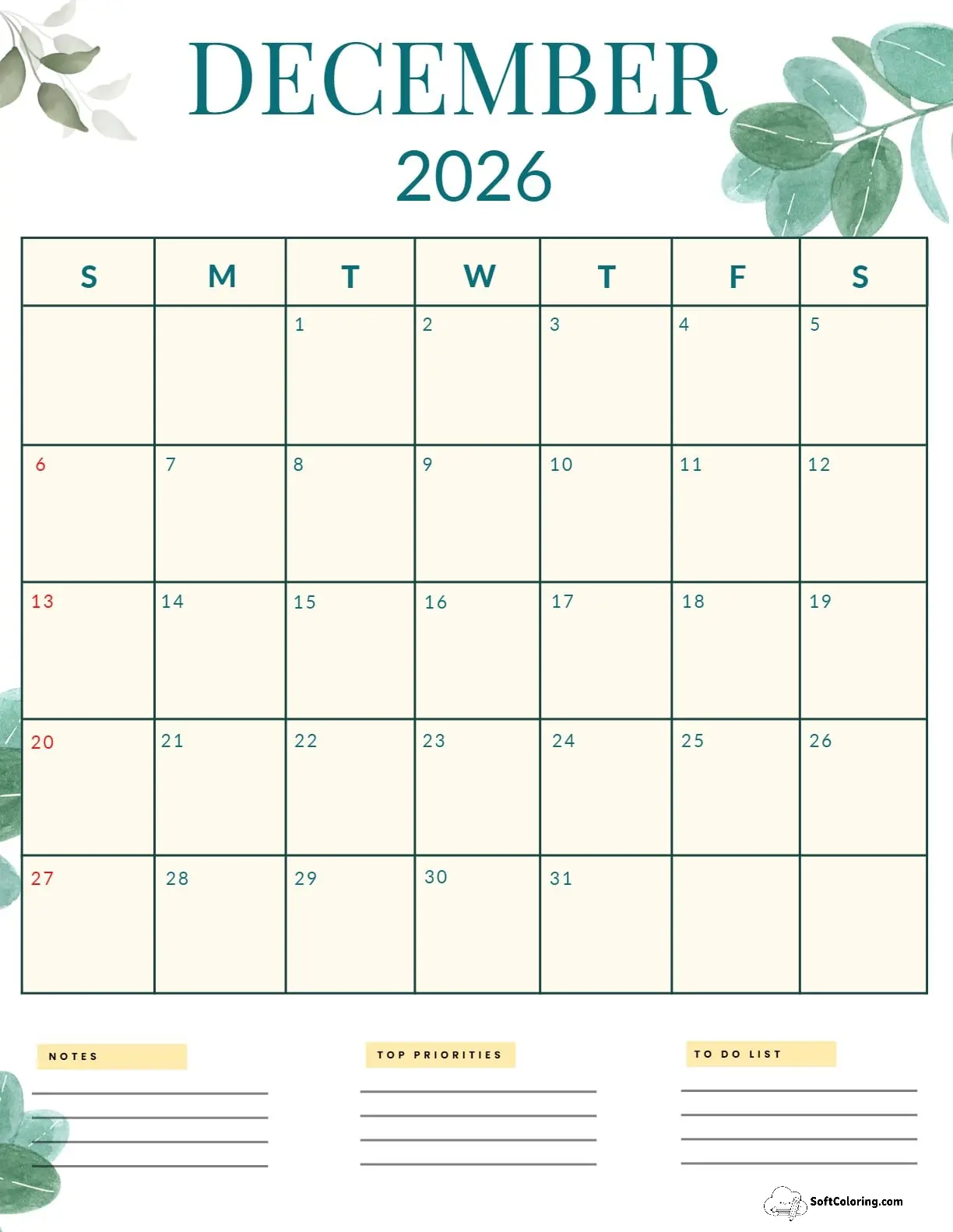 December 2026 Calendar Printable Nature Portrait