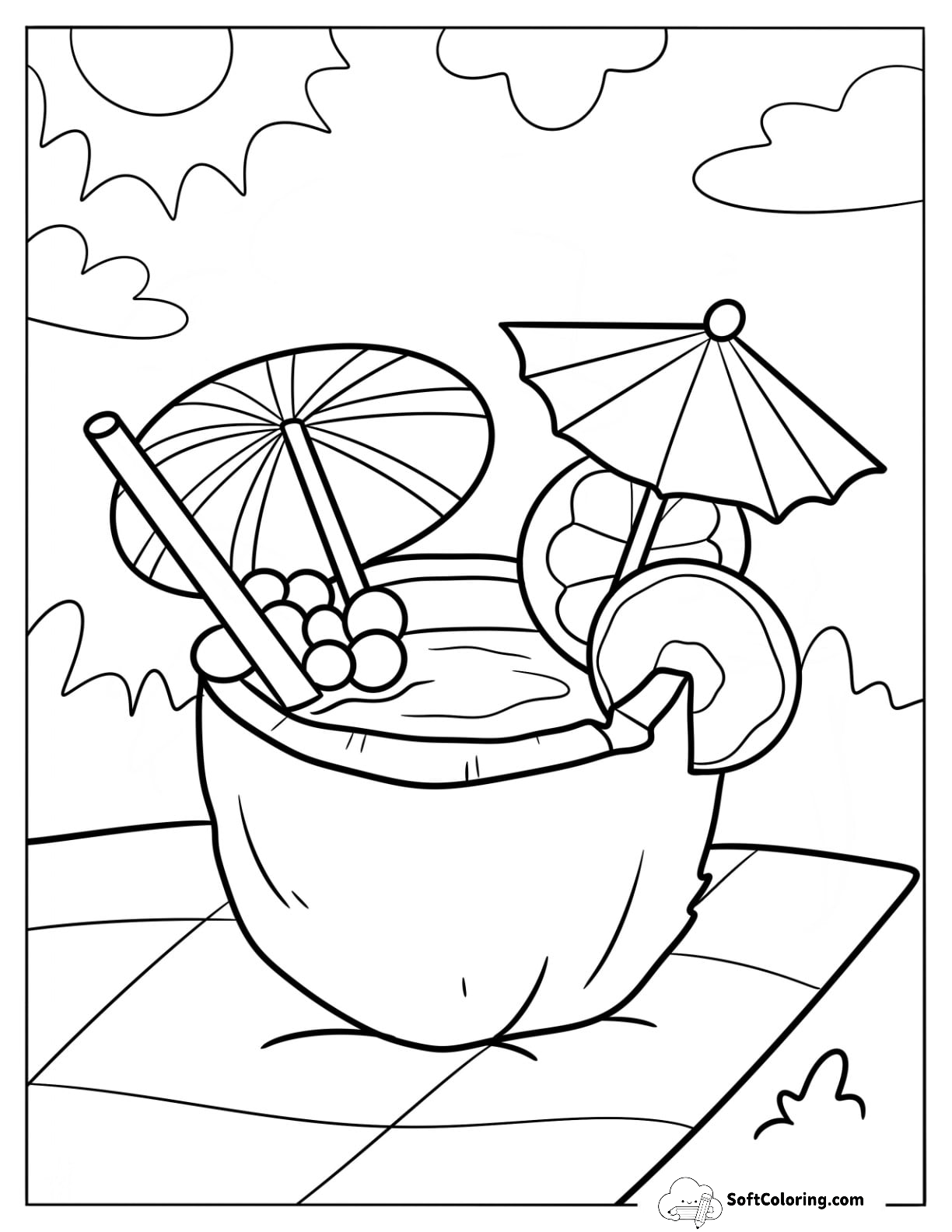 Delicious Coconut Drink With Paper Parasol And Fruit Slices