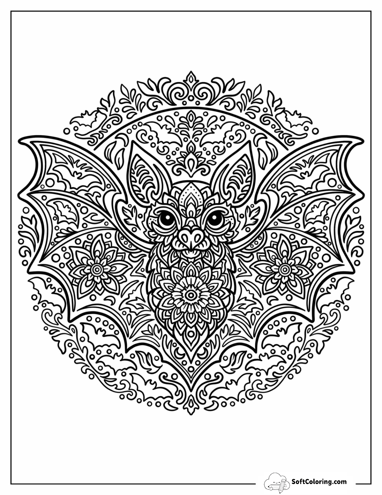Detailed Bat Mandala With Floral Designs