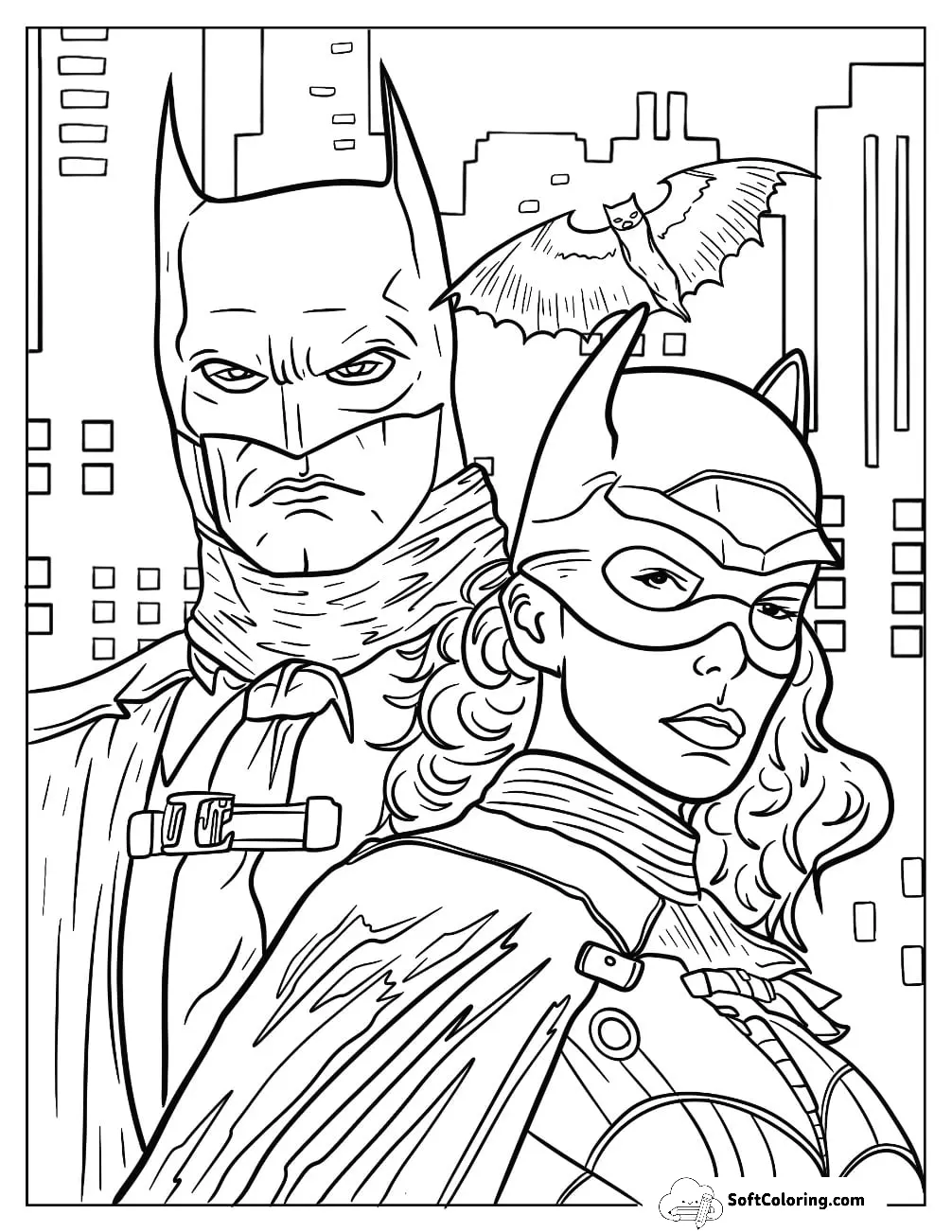 Detailed Batman And Catwoman Coloring Page In Gotham