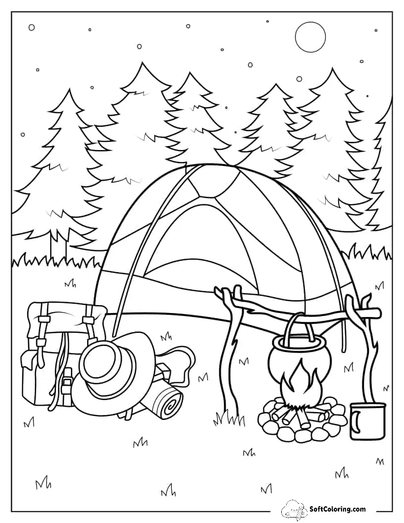 Detailed Coloring Page Of Camping Tent And Gear