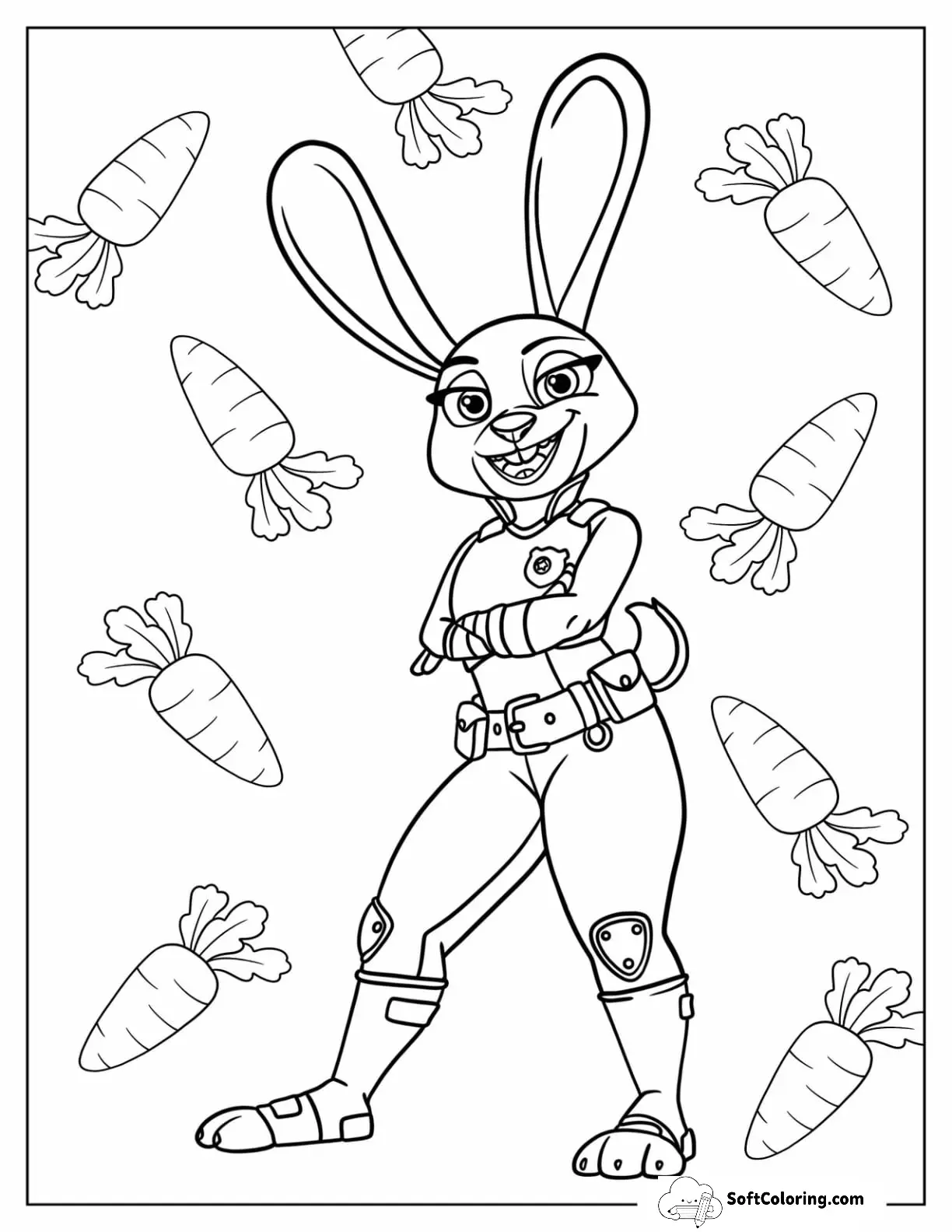 Zootopia Coloring Page Of Detailed Judy Hopps With Carrots In The Background