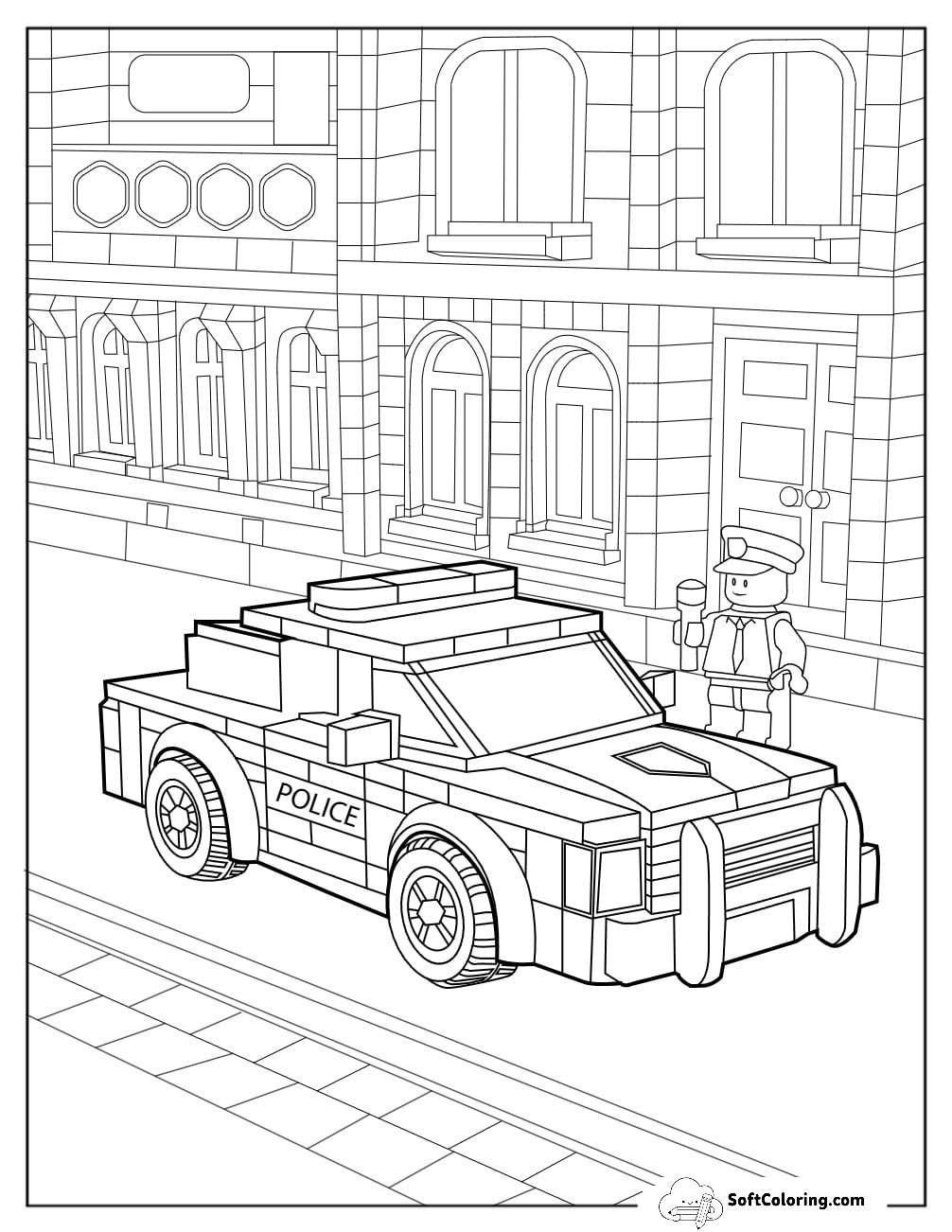 Detailed Lego Police Car Coloring Page Parked In The City