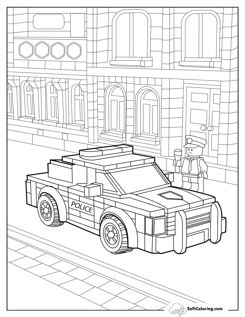 Detailed Lego Police Car Coloring Page Parked In The City