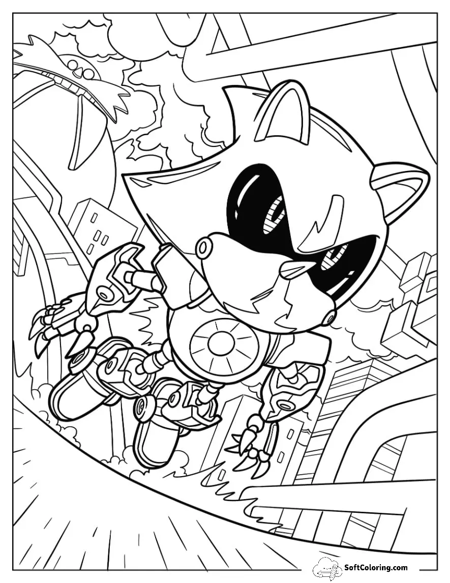 Detailed Metal Sonic Coloring Page Flying In Battle