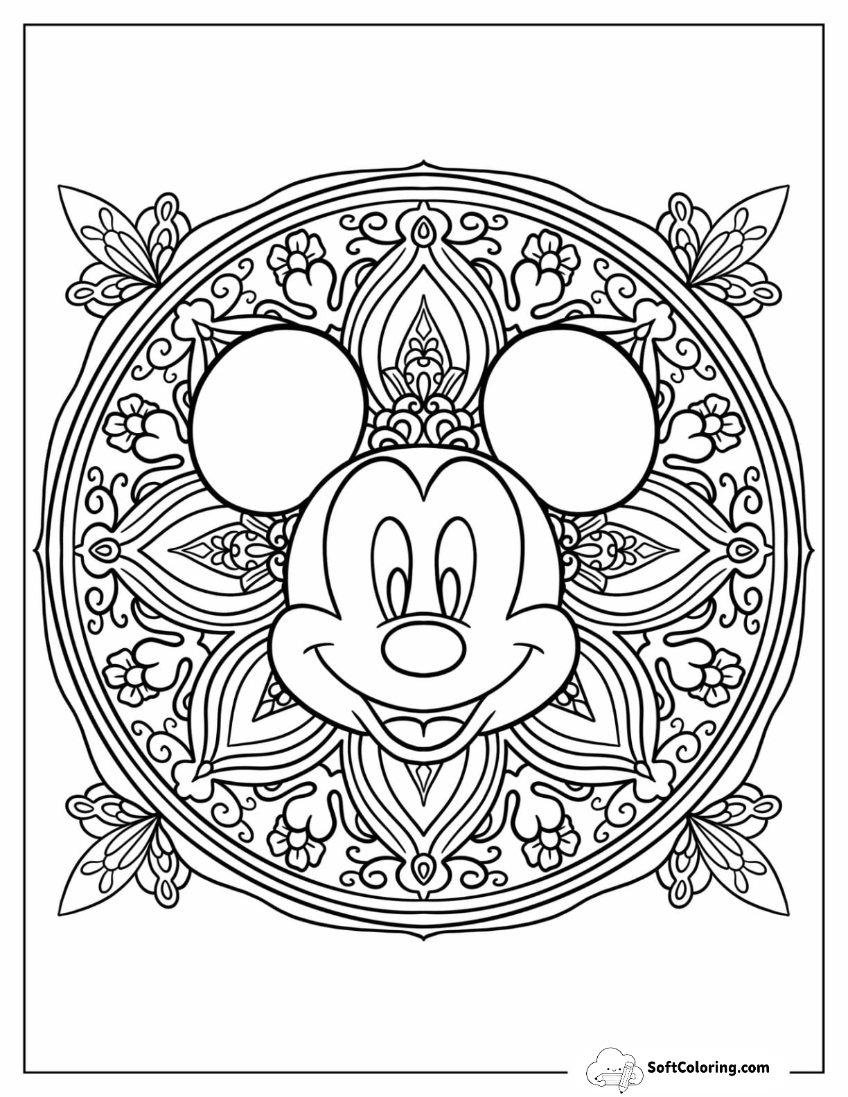 Detailed Mickey Mouse Coloring Page Floral Mandala