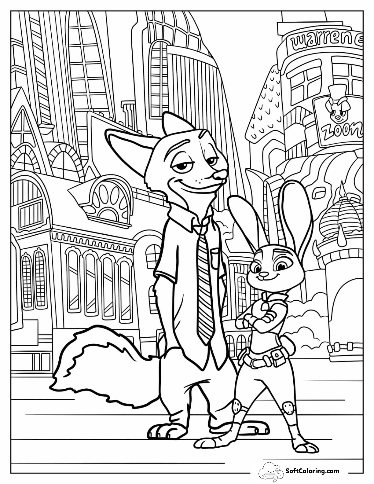 Zootopia Coloring Page Of Detailed Nick And Judy Smiling