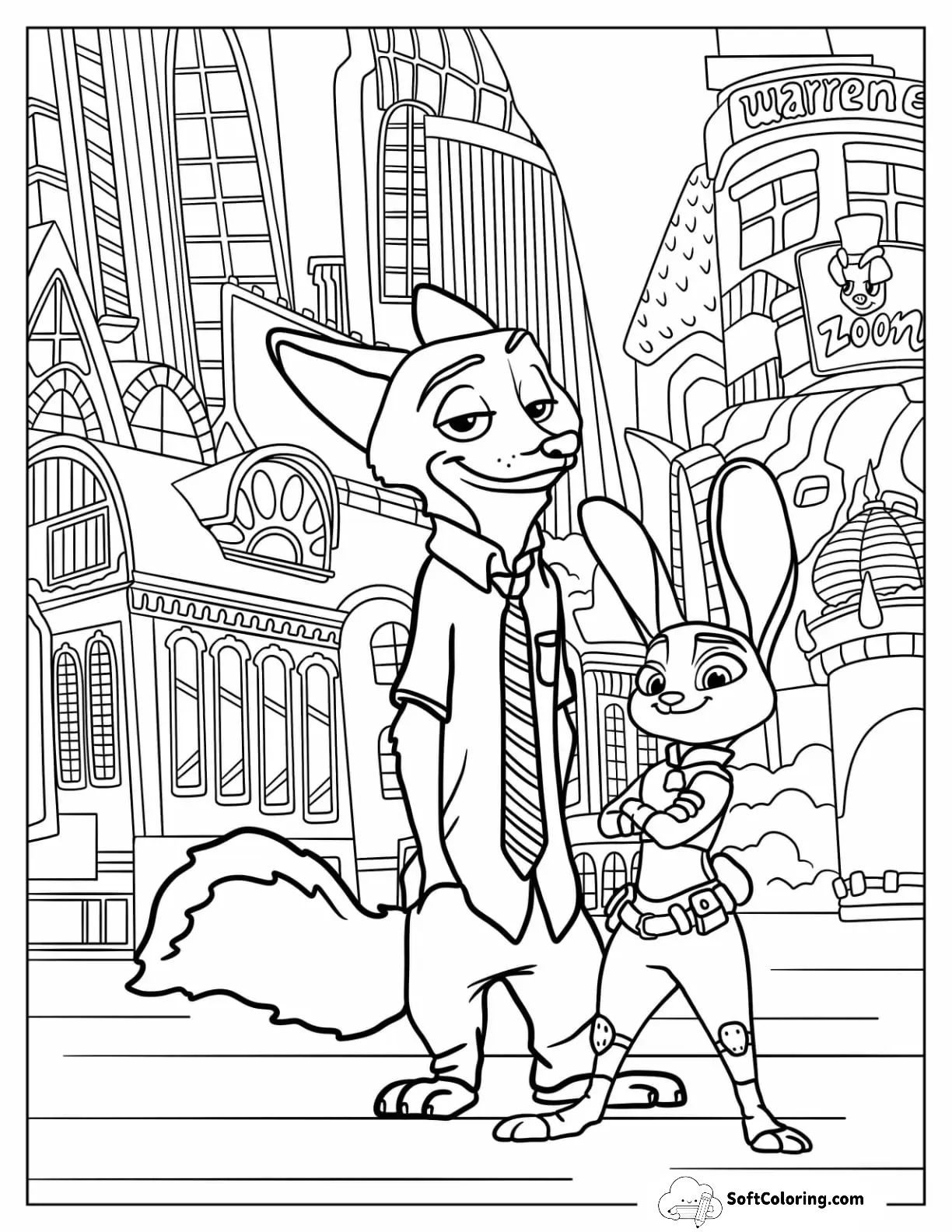 Zootopia Coloring Page Of Detailed Nick And Judy Smiling