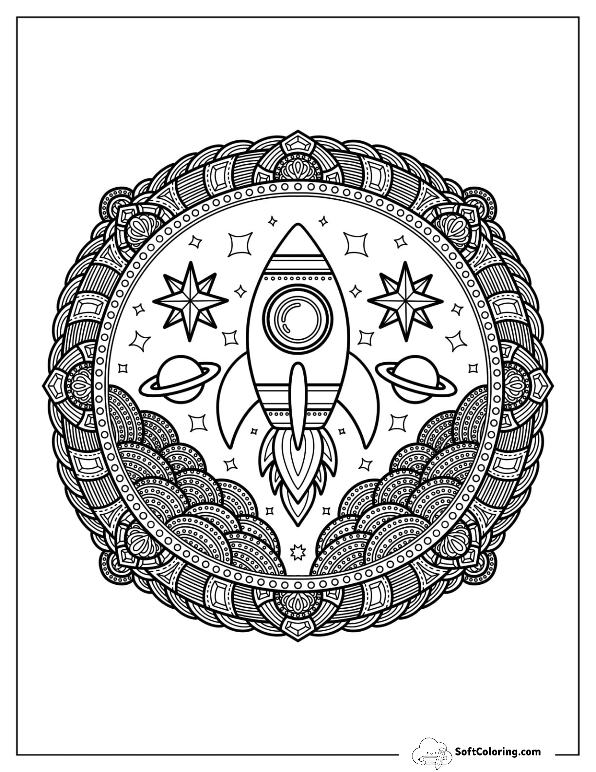 Detailed Rocket Coloring Page Mandala With Clouds And Stars