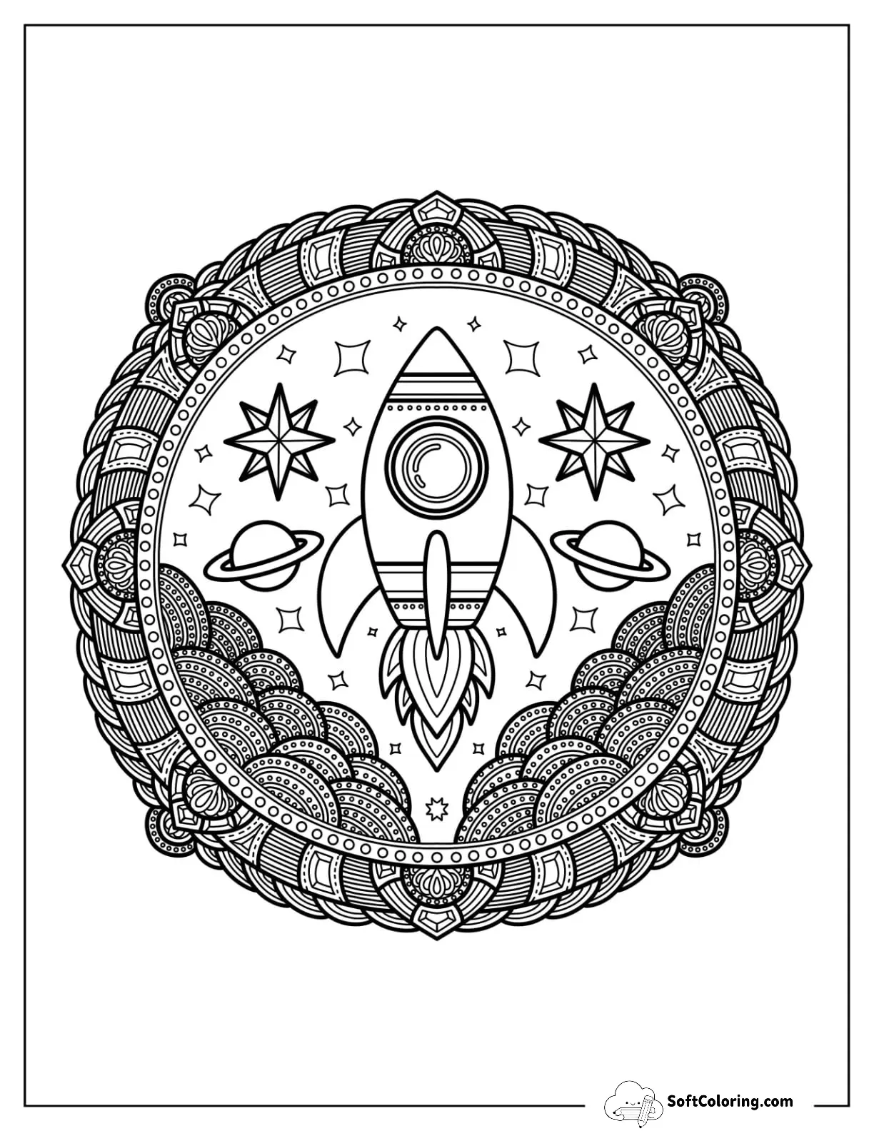 Detailed Rocket Coloring Page Mandala With Clouds And Stars