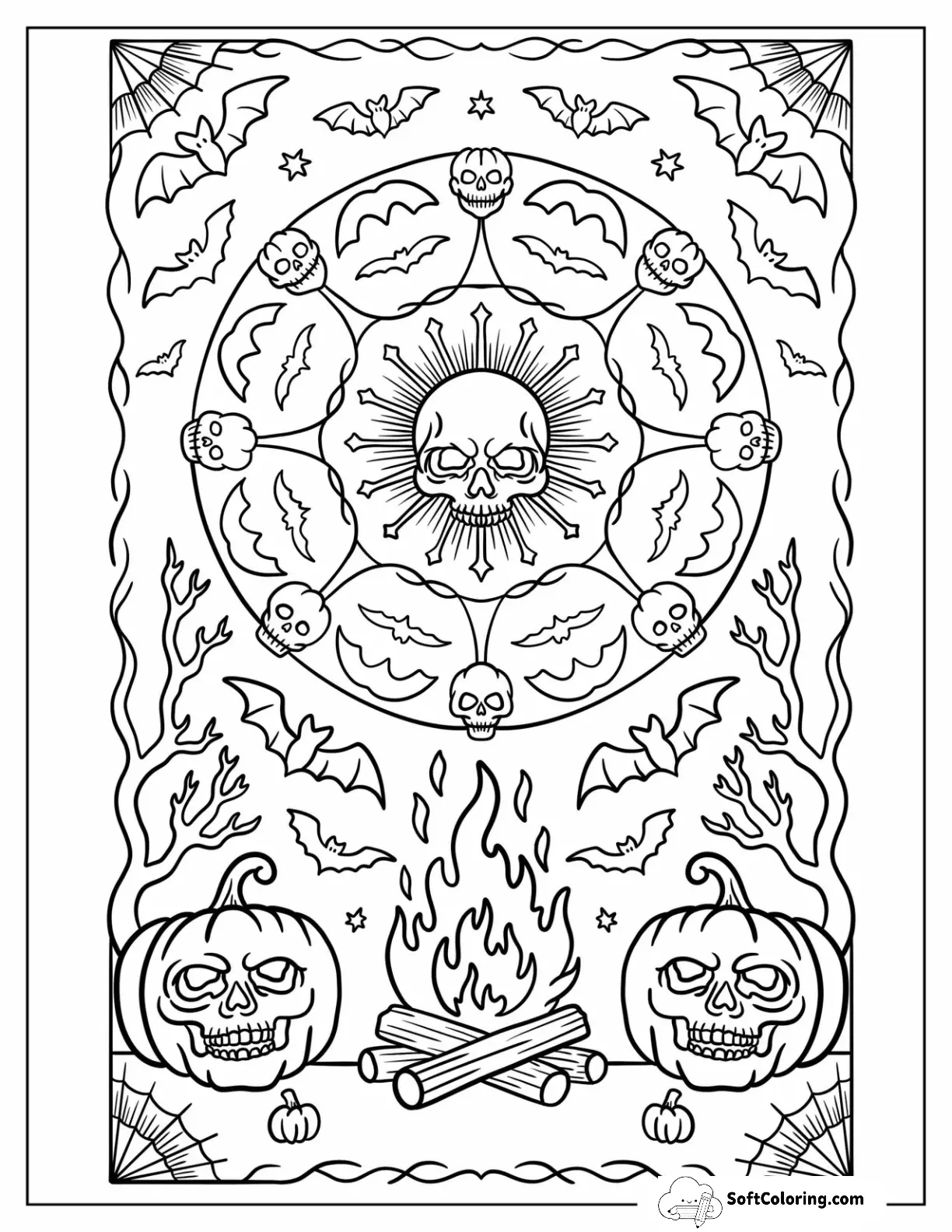 Detailed Skull Pattern With Fire, Bats, And Pumpkin Accents Halloween