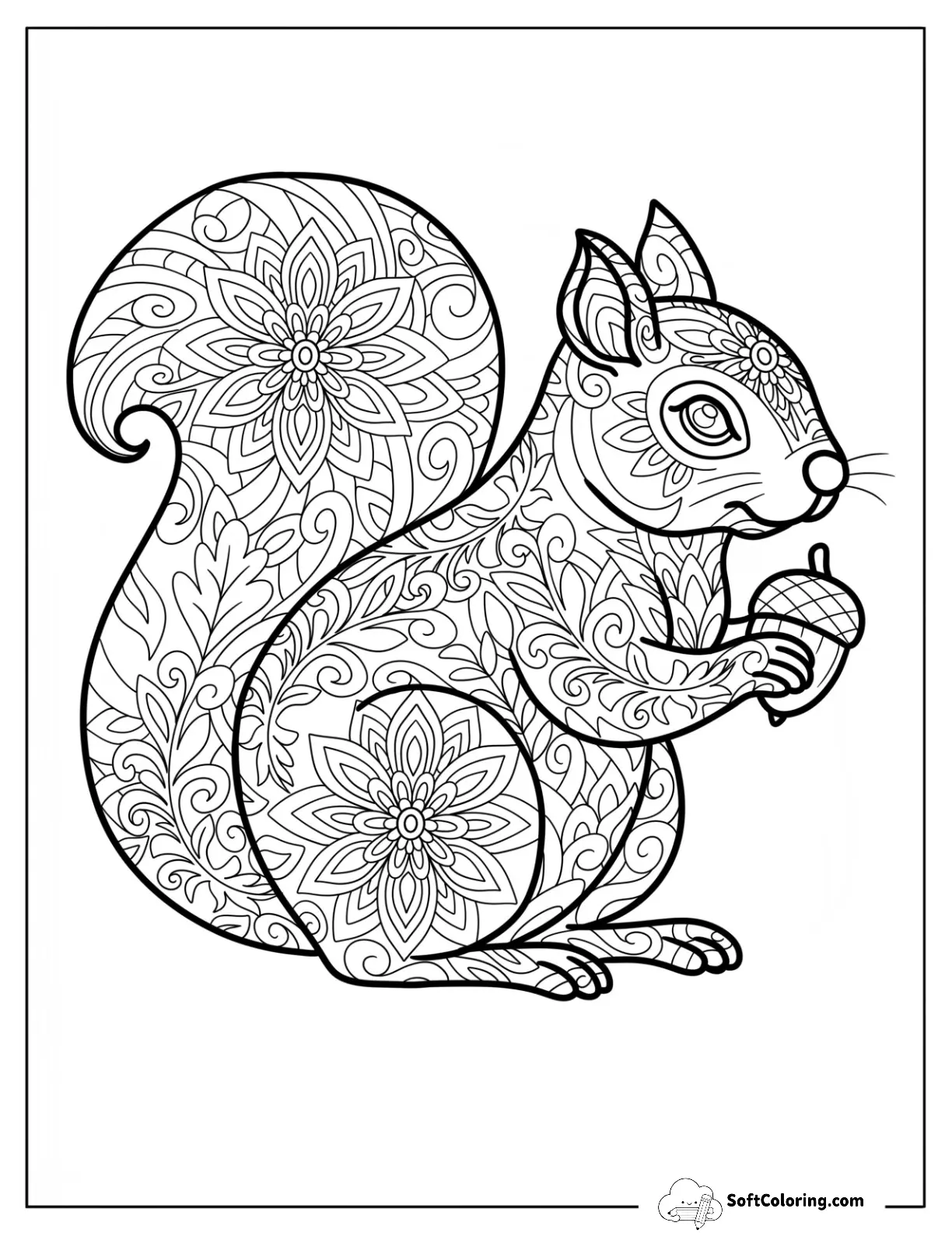 Detailed Squirrel Mandala With Lotus Patterns Holding Acorn