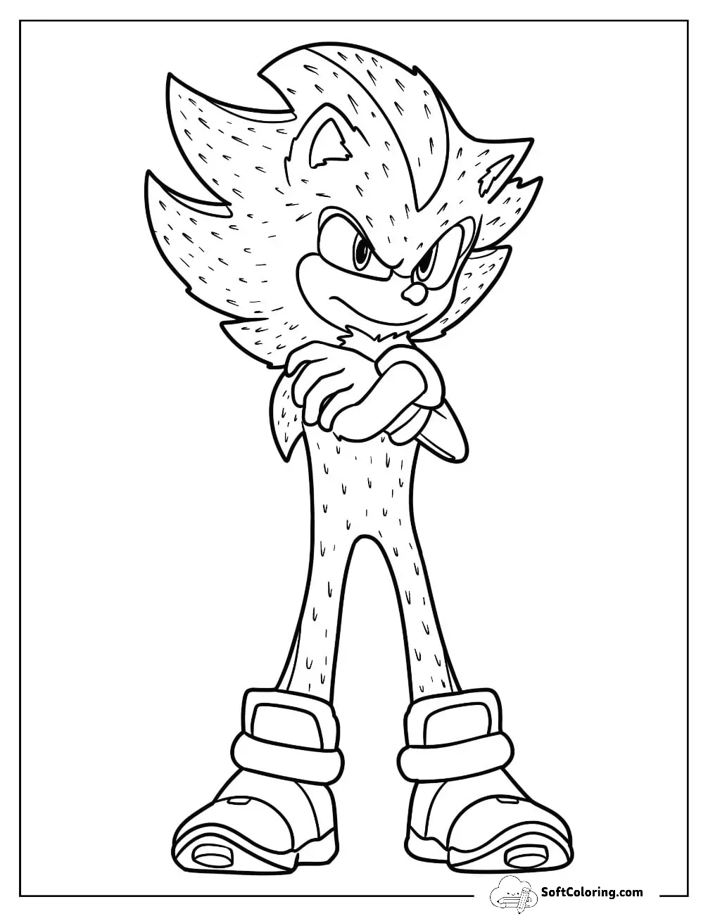 Detailed Super Sonic Coloring Page With Arms Crossed