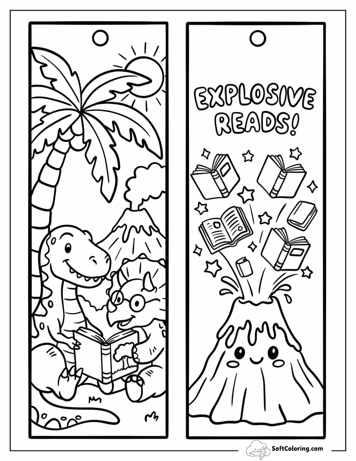 Dinosaurs Reading By A Volcano Explosive Reads Bookmark Coloring Page