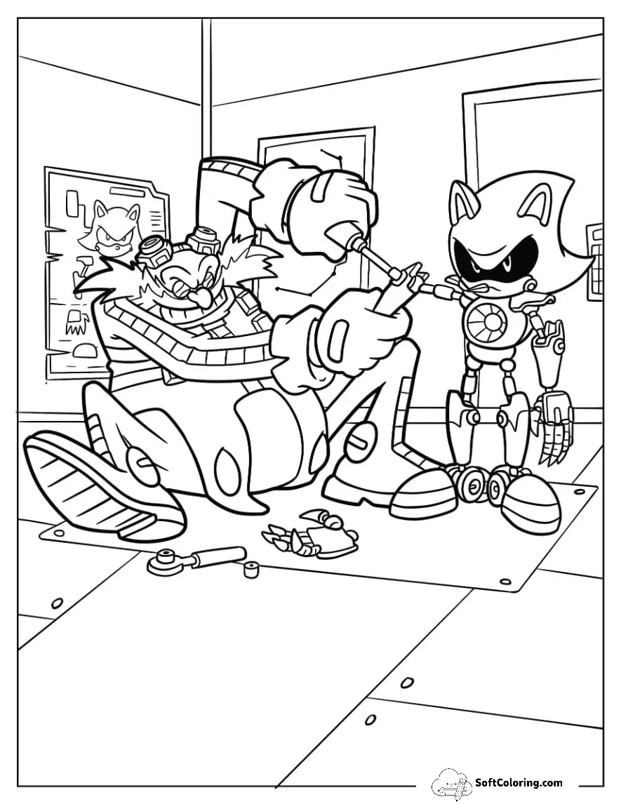 Doctor Eggman Building Metal Sonic Coloring Page