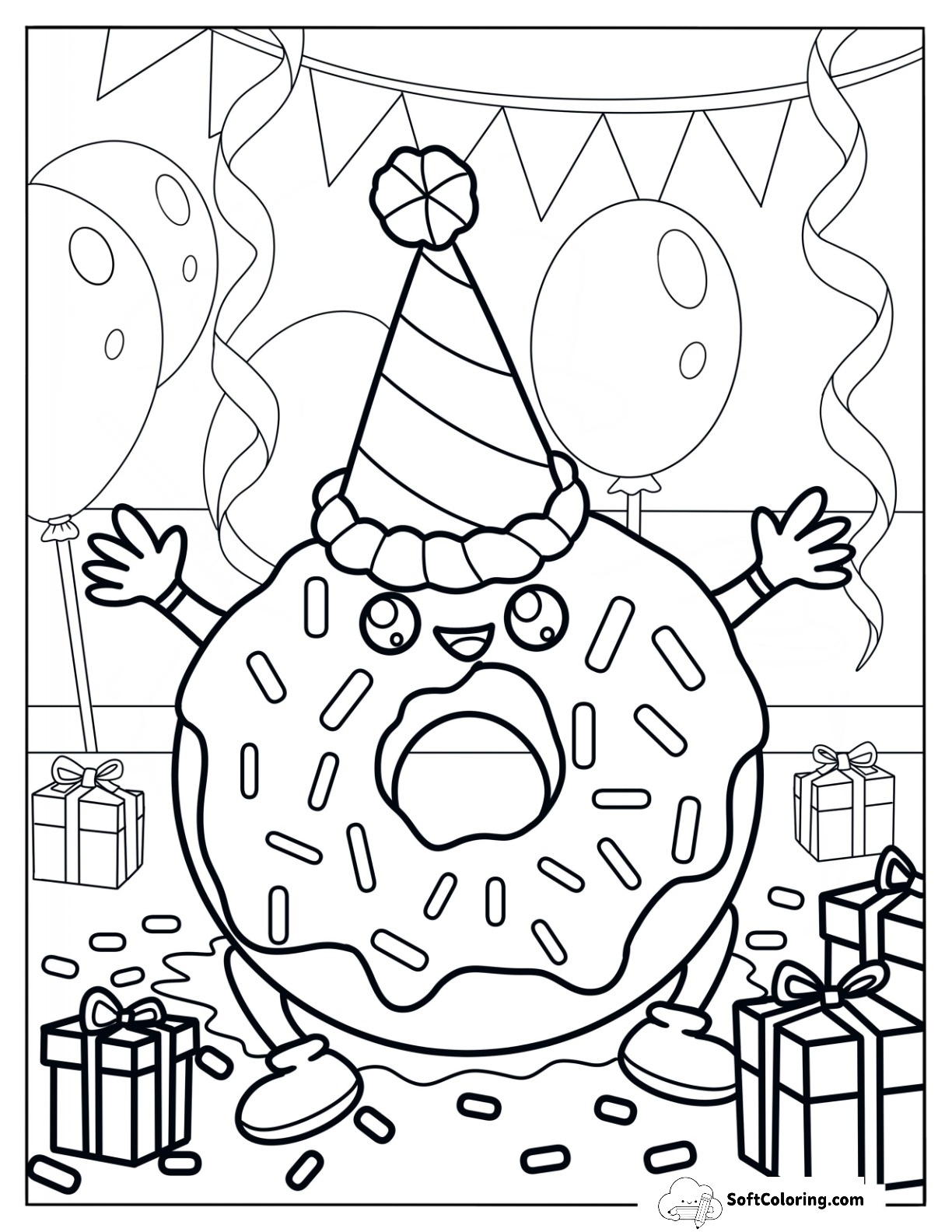 Donut Coloring Page Wearing A Birthday Hat In A Party