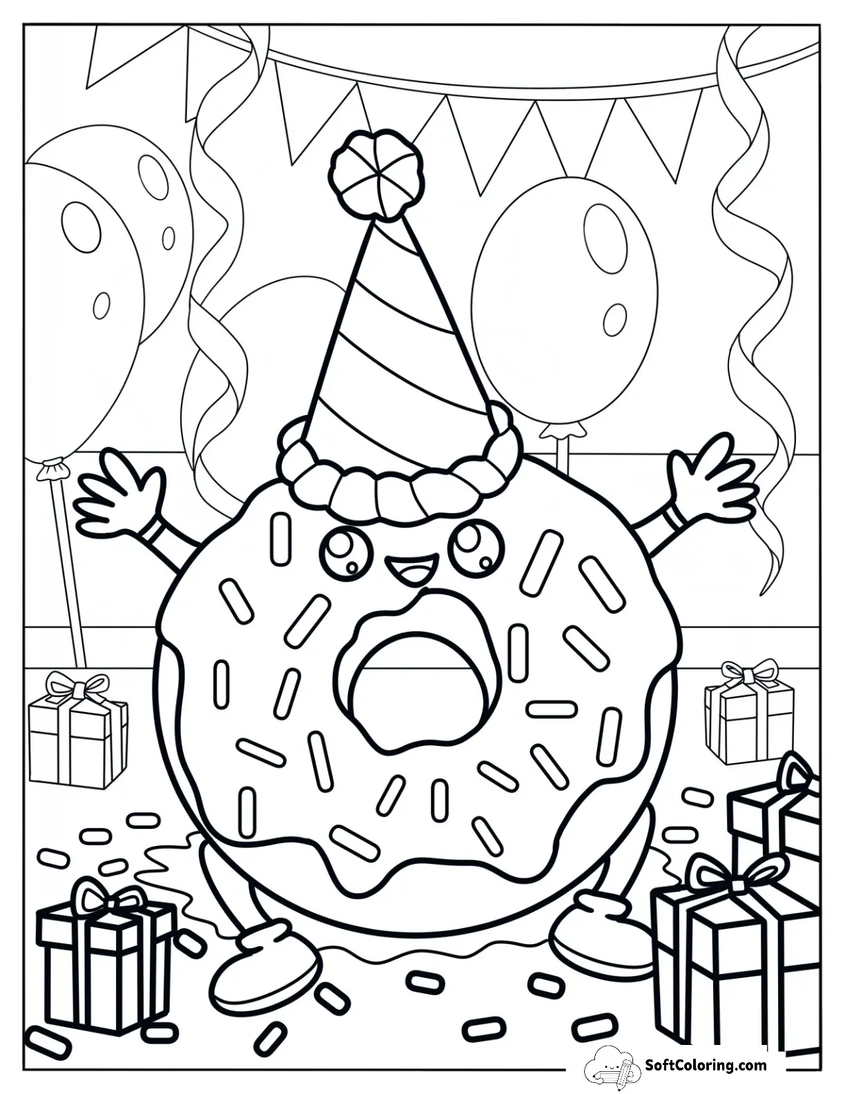 Donut Coloring Page Wearing A Birthday Hat In A Party