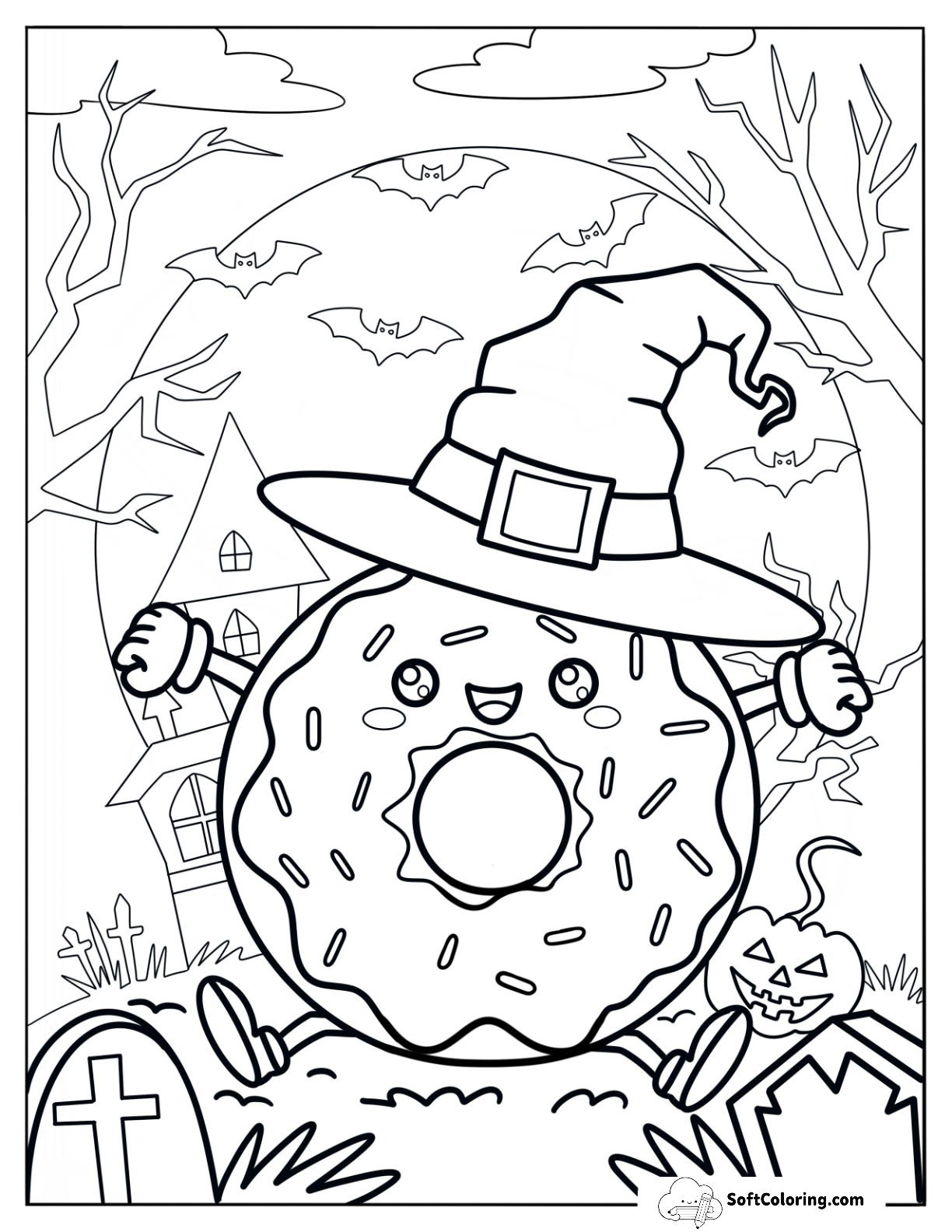Donut Coloring Page Wearing A Witch's Hat On Halloween