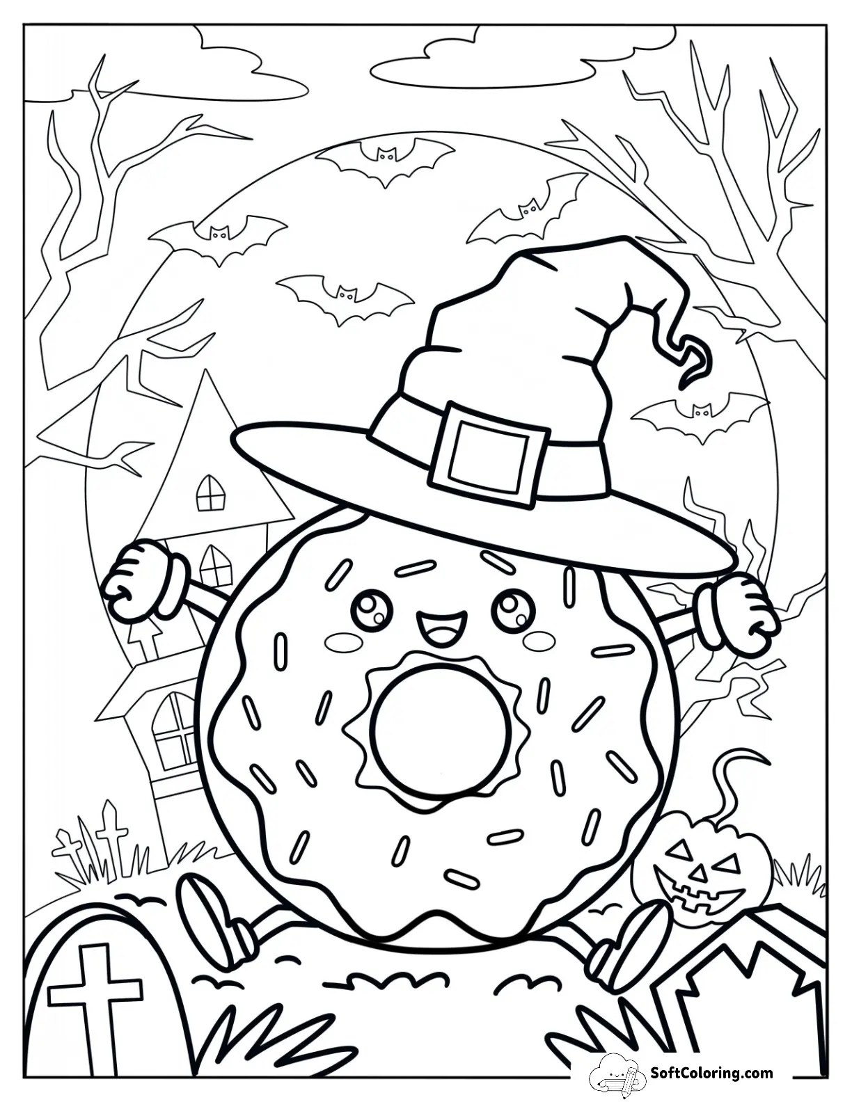 Donut Coloring Page Wearing A Witch's Hat On Halloween
