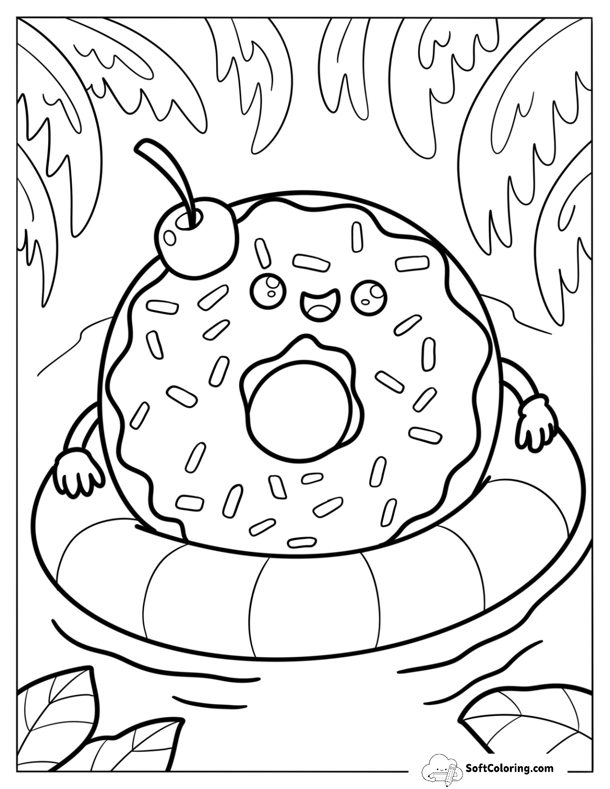 Donut Coloring Page With Cherry Lounging In A Floaty