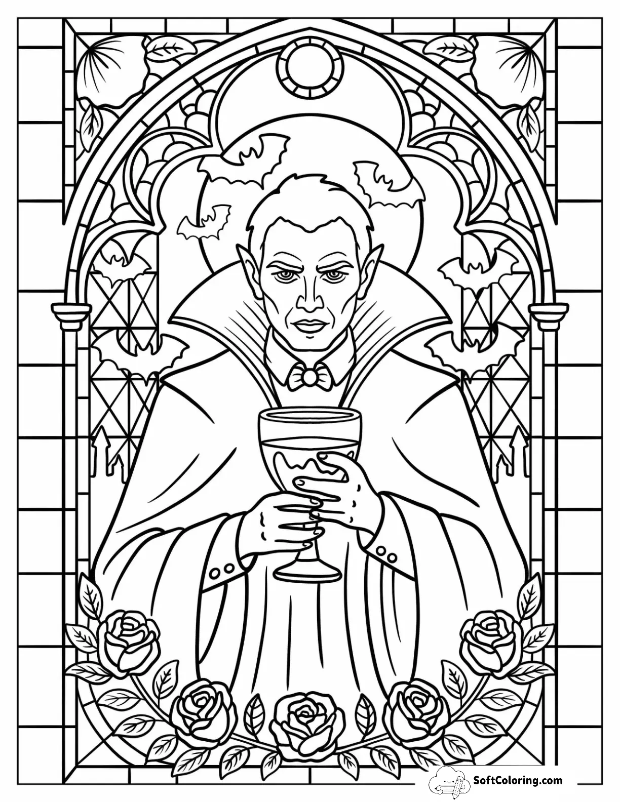 Dracula Holding A Goblet In A Stained Glass With Roses And Bats