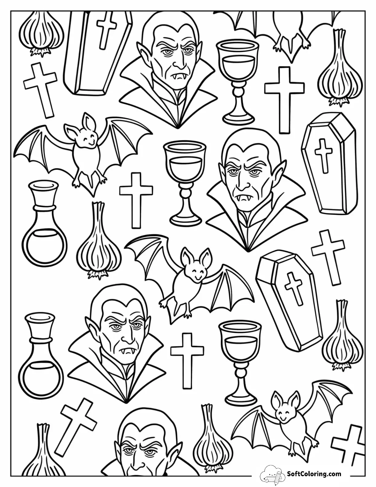 Vampire Of Dracula Pattern With Garlic, Bats, And Crosses