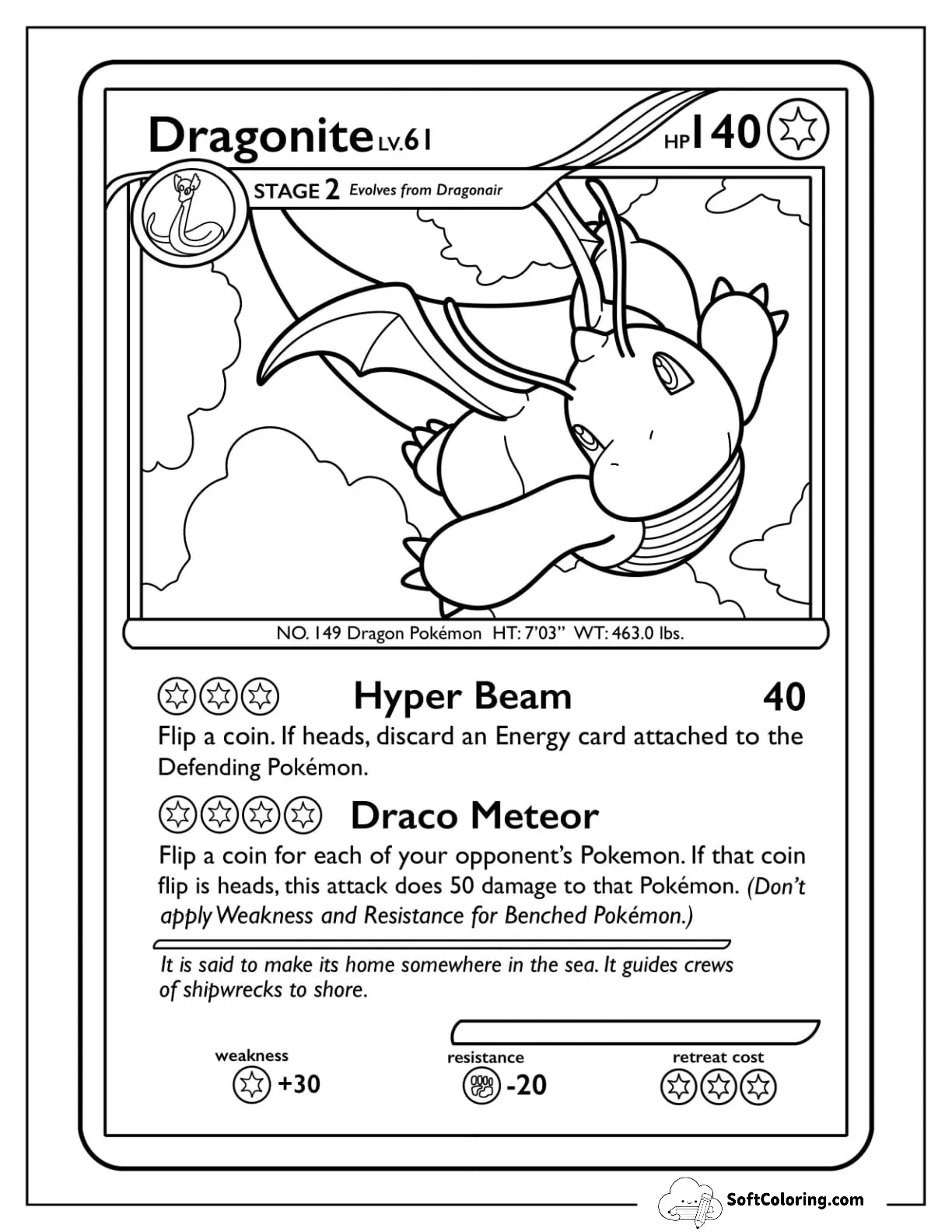 Dragonite Hyper Beam Pokemon Card Coloring Page