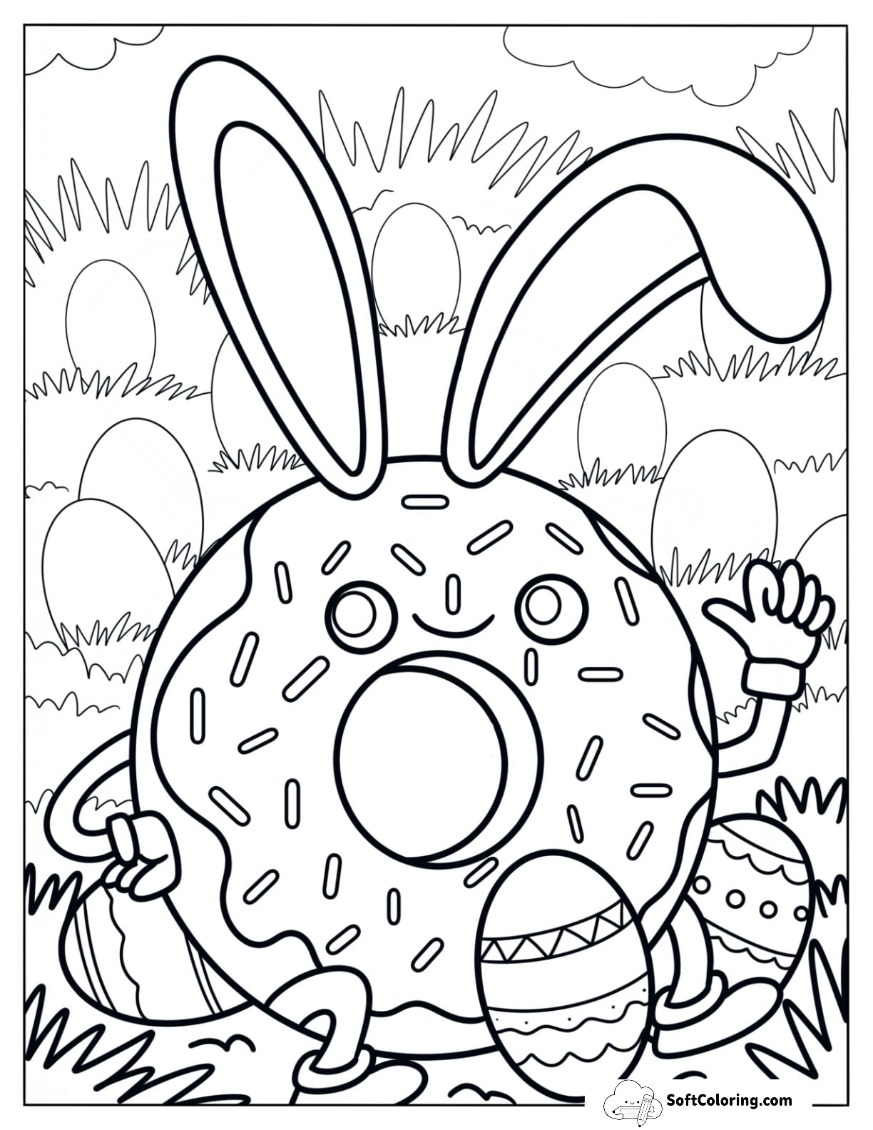 Easter Bunny Donut Coloring Page Surrounded By Eggs