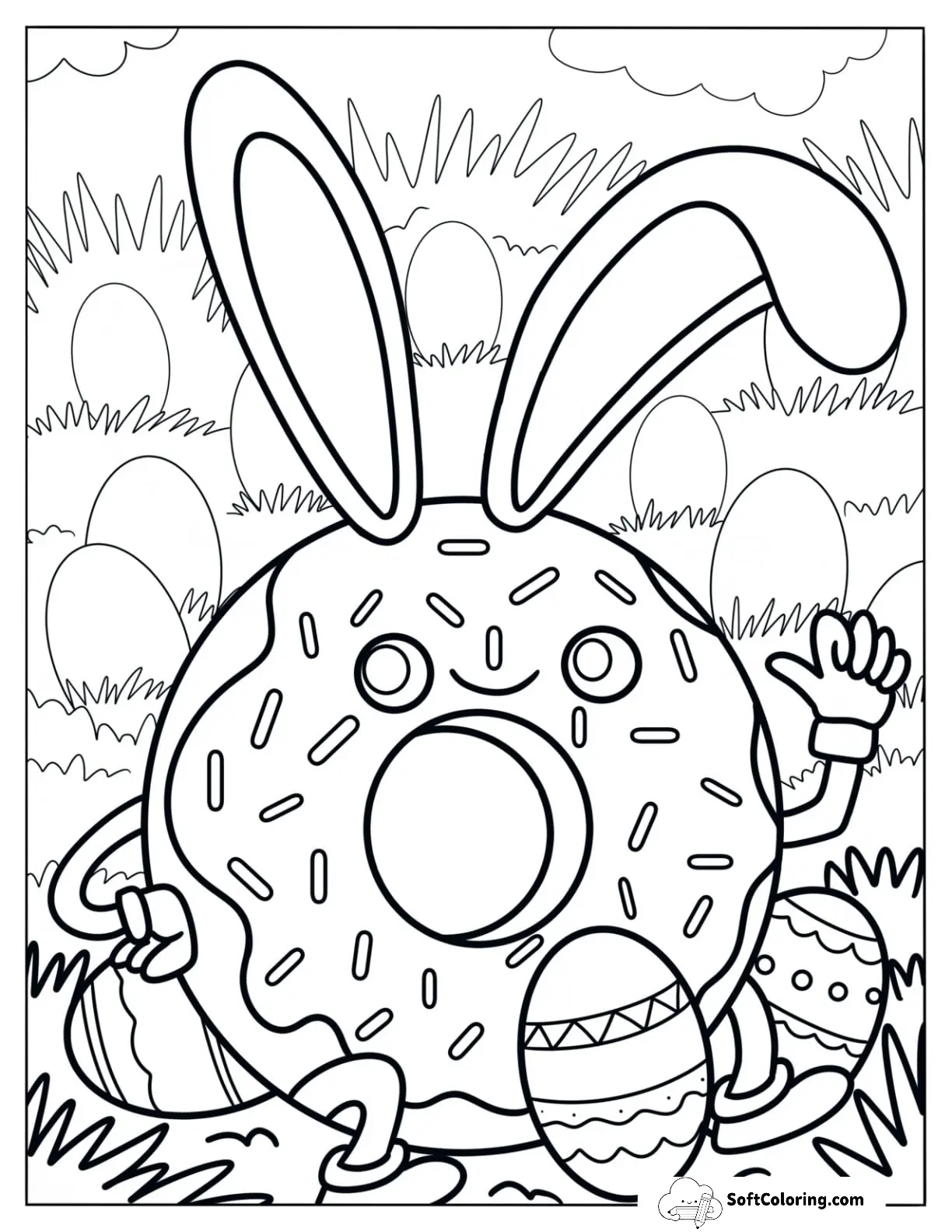 Easter Bunny Donut Coloring Page Surrounded By Eggs