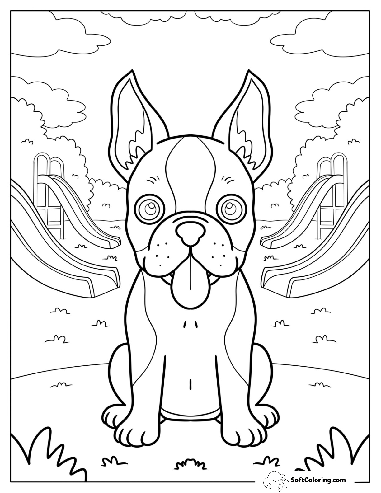 Easy Boston Terrier Puppy Sitting At The Playground