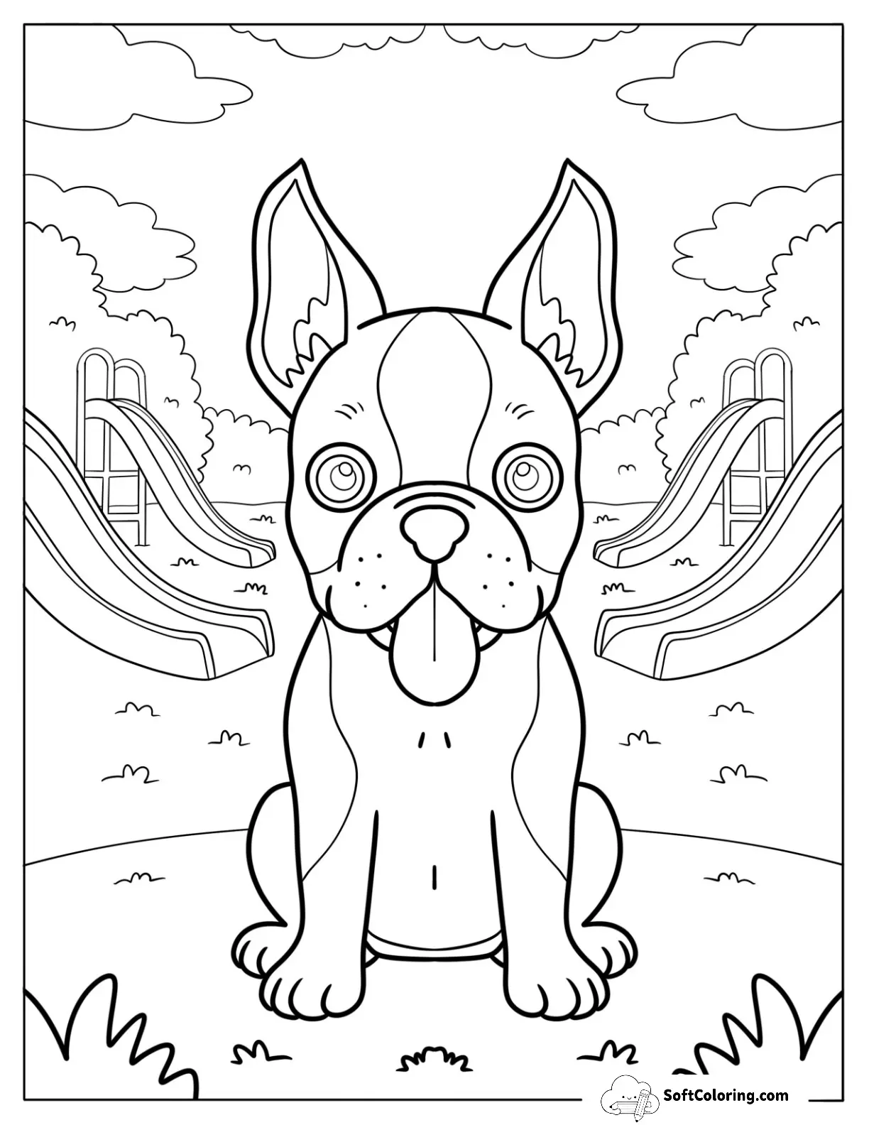 Easy Boston Terrier Puppy Sitting At The Playground