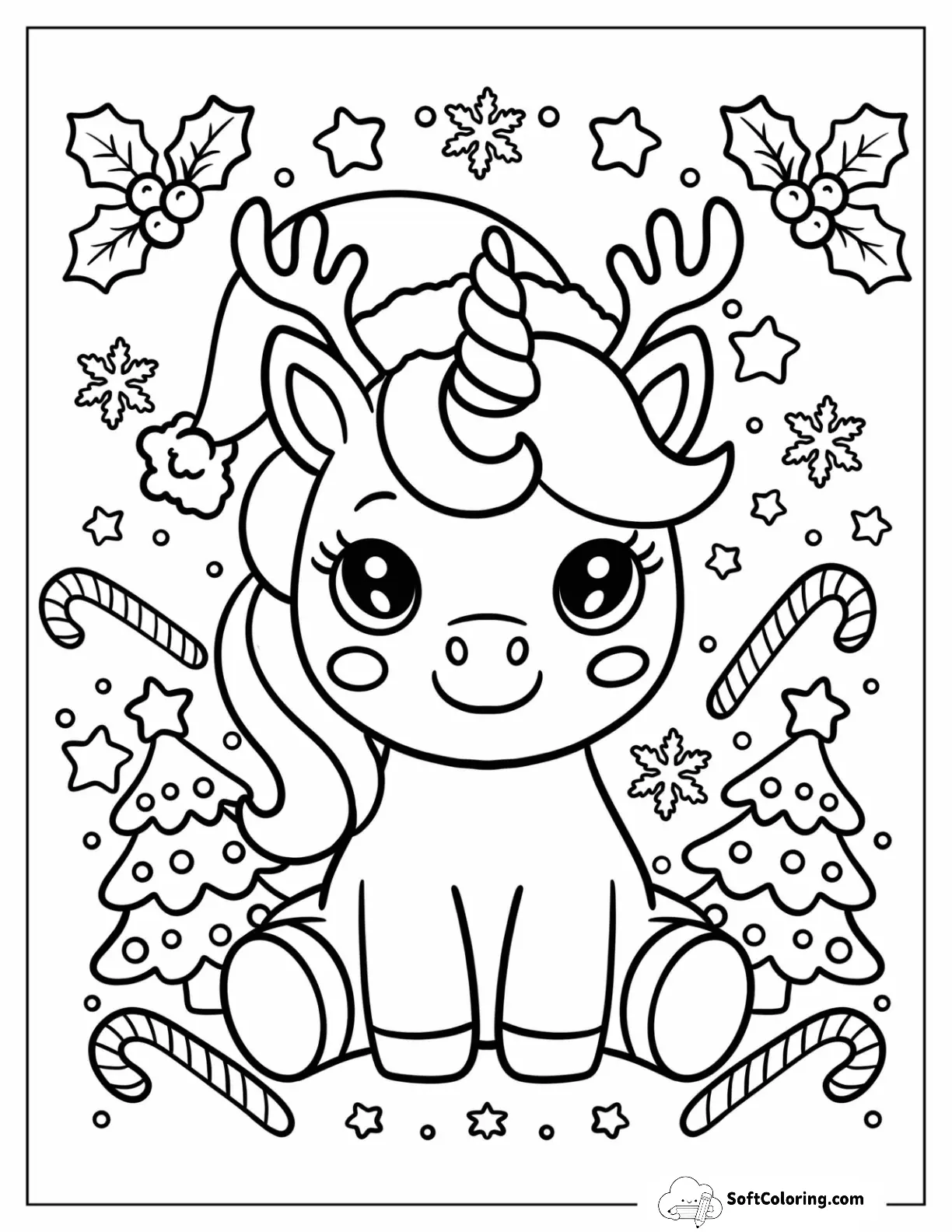 Easy Christmas Unicorn Surrounded By Candy Canes, Snowflakes, And Trees